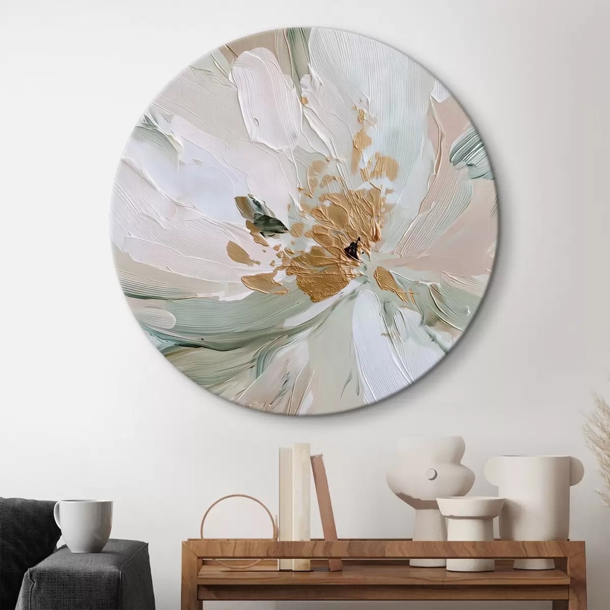 Okrągłe obrazy Kwiat w technice impasto w pastelowych barwach z żółtymi akcentami r45900