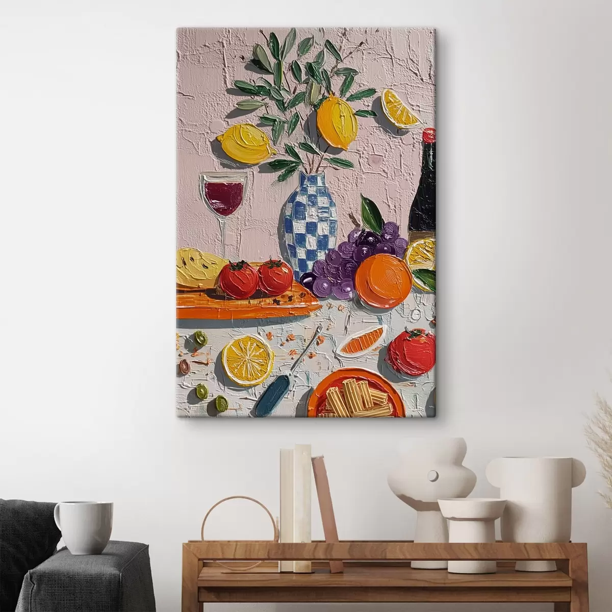 Obraz Pastelowa martwa natura: cytryny, winogrona i pomidory, impasto s45876