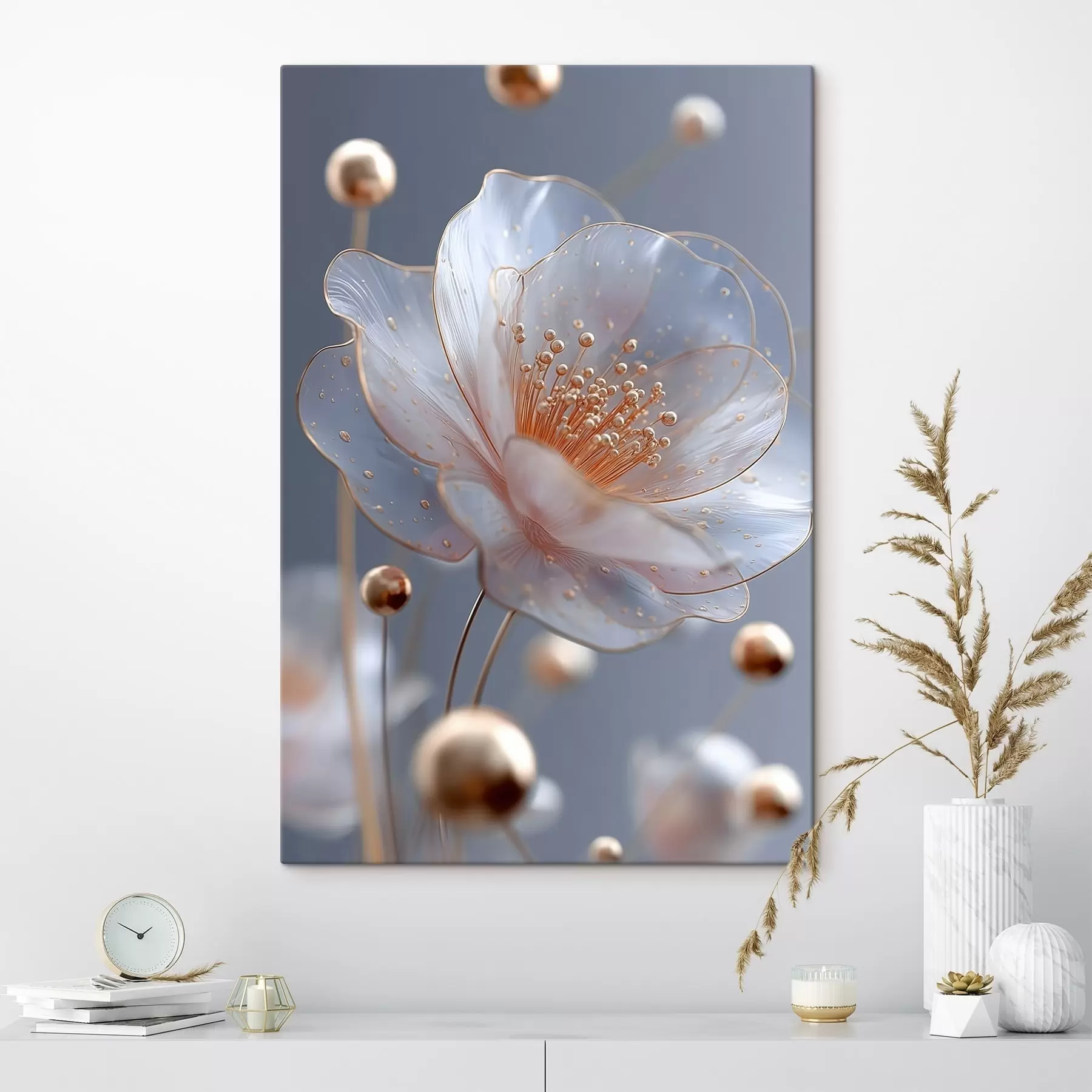 Obraz Przezroczysty kwiat z miedzianymi pręcikami na niebieskim tle s45880