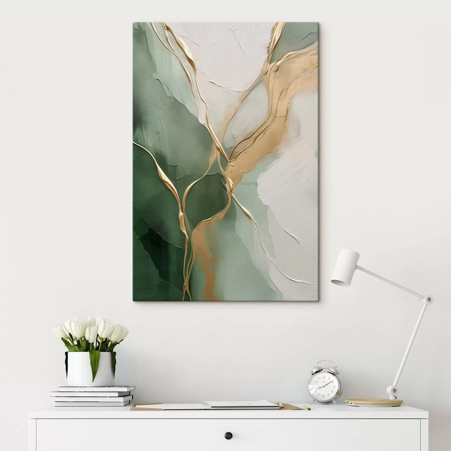 Obraz Szmaragdowo-kremowa abstrakcja z żółtymi strumieniami s45887