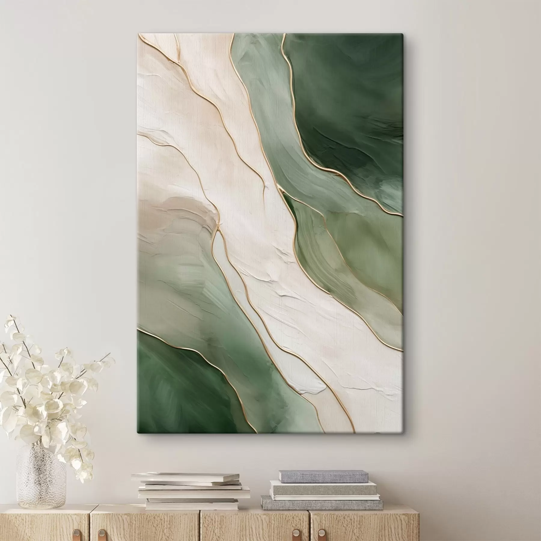 Obraz Szmaragdowa abstrakcja z delikatnymi żółtymi liniami s45888