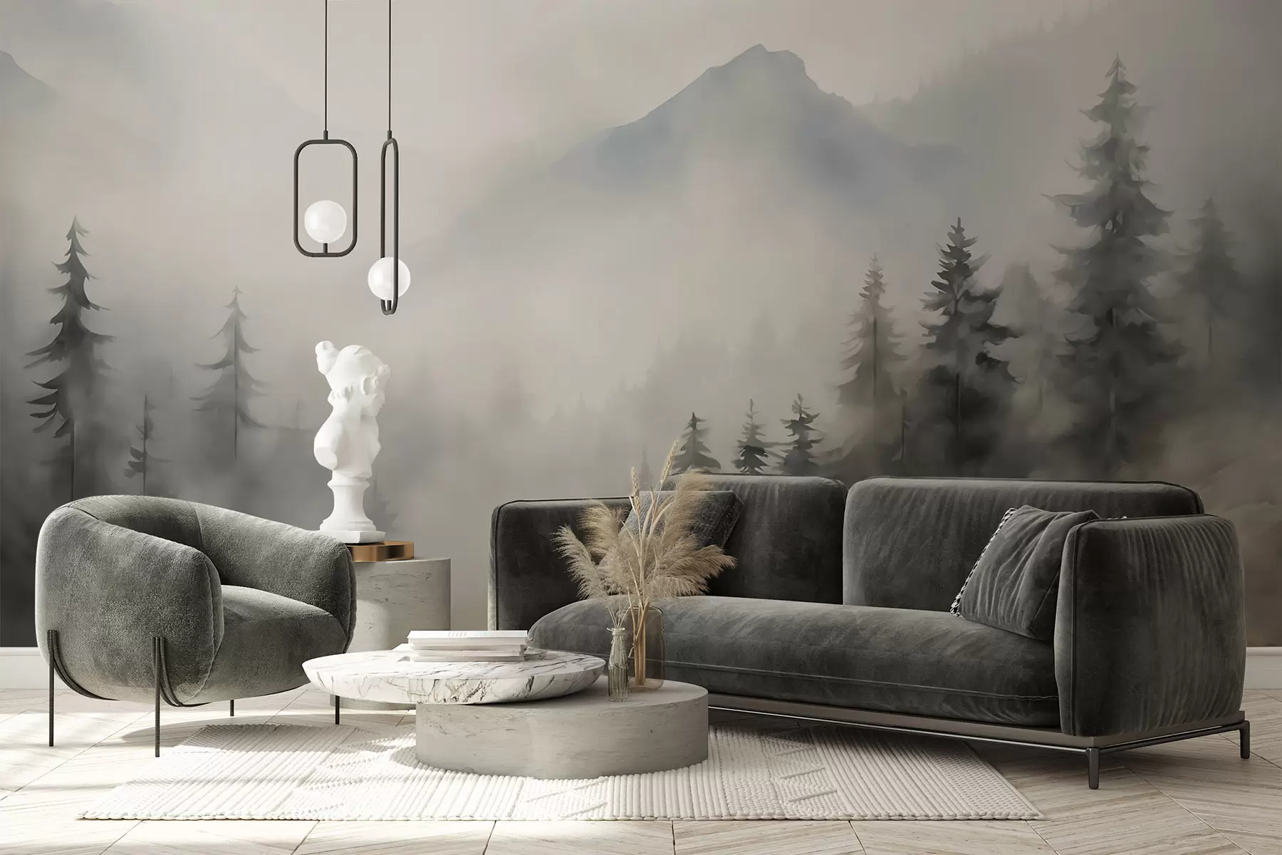 Fototapeta Las we mgle na tle gór w04493