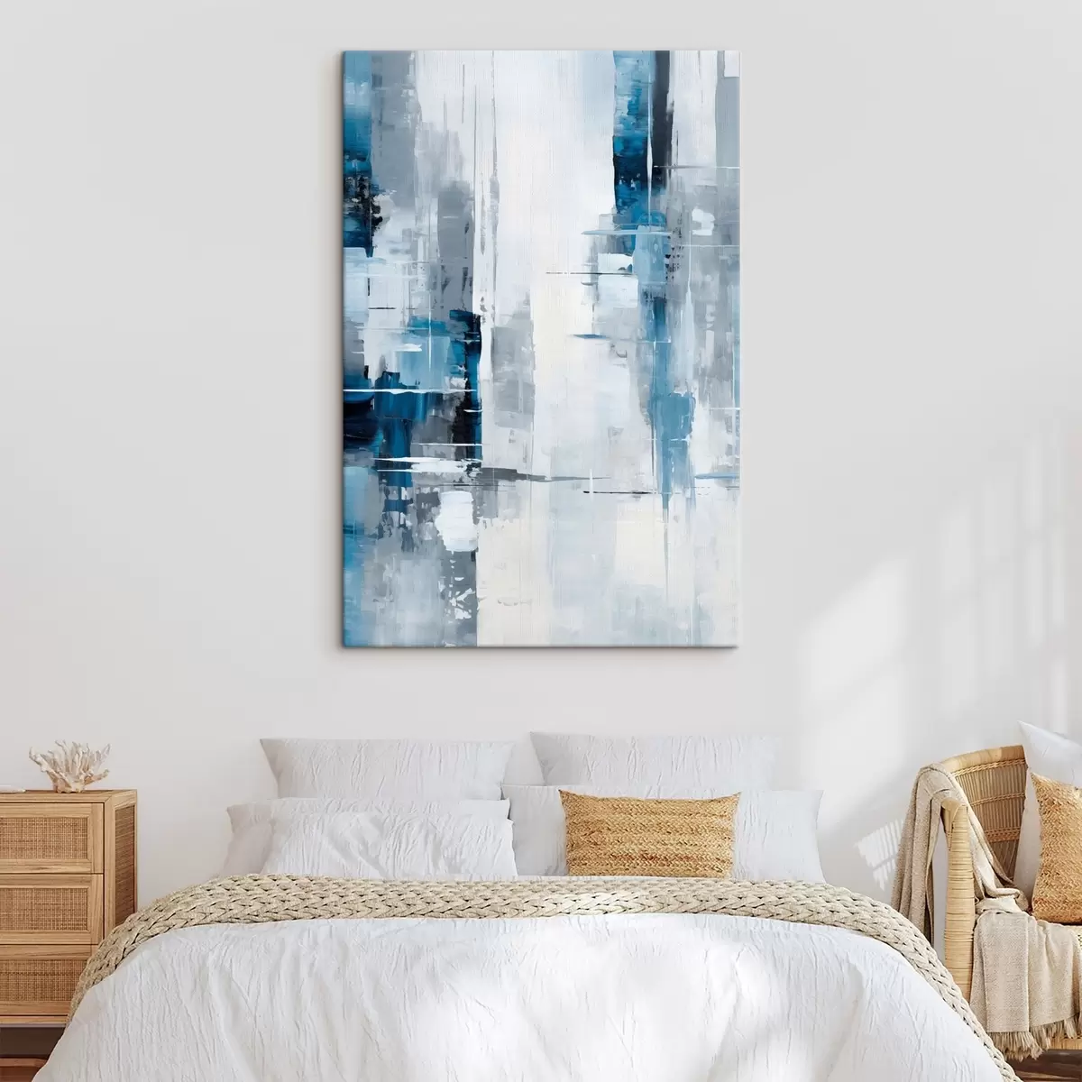 Obraz Imitacja malarstwa abstrakcyjnego w kolorach niebieskim, szarym i białym, z pionowymi liniami i geometrycznymi kształtami s45926