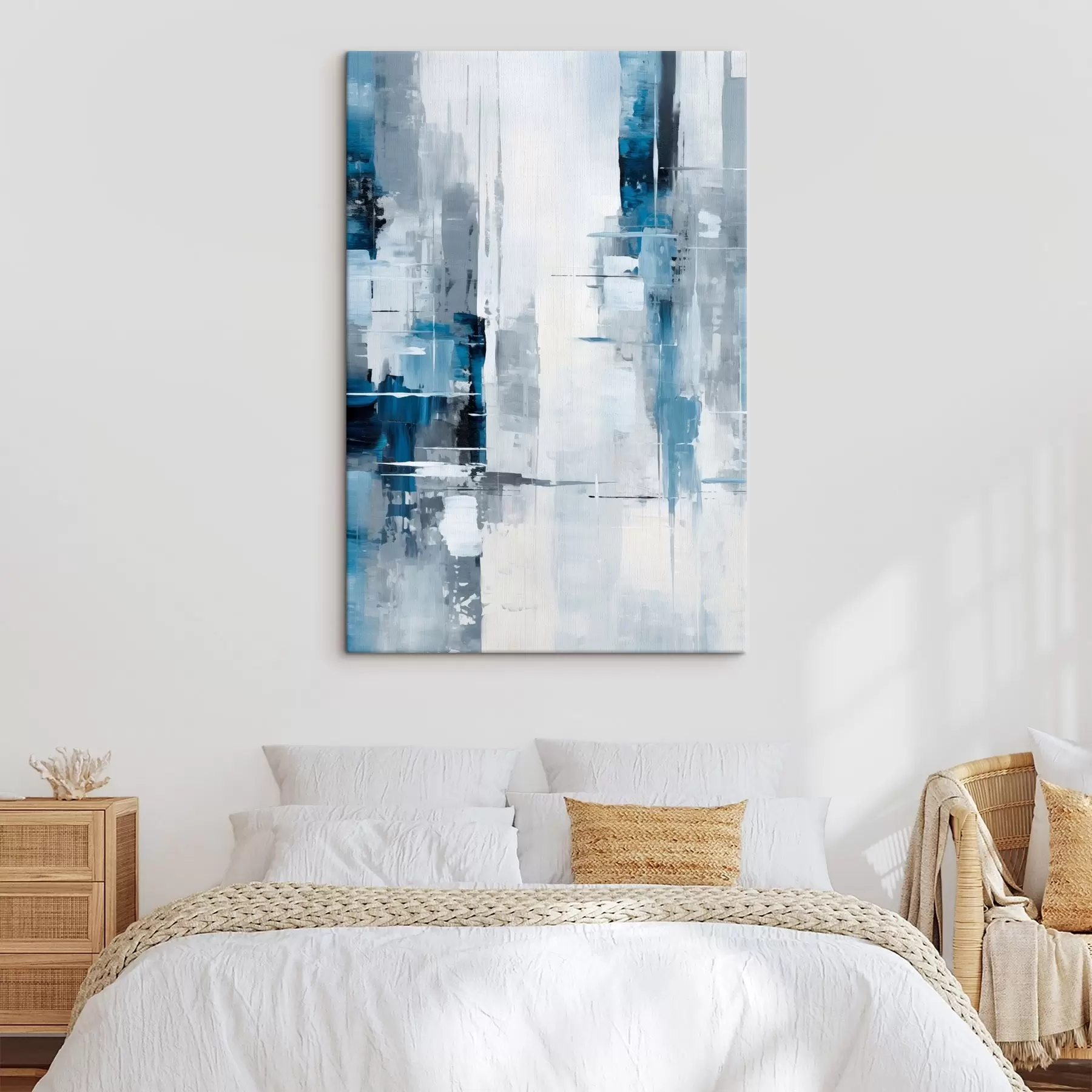 Obraz Imitacja malarstwa abstrakcyjnego w kolorach niebieskim, szarym i białym, z pionowymi liniami i geometrycznymi kształtami s45926