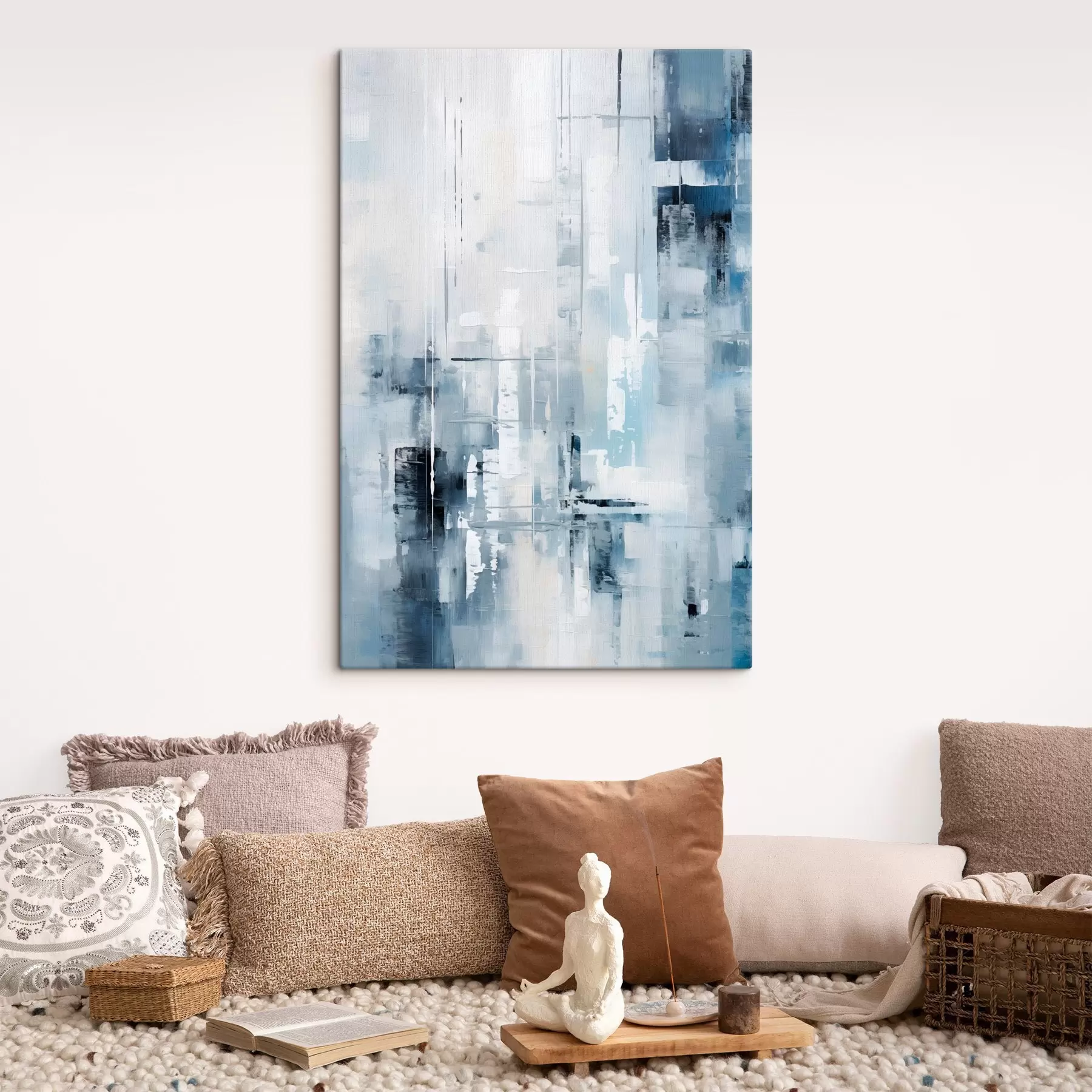 Obraz Imitacja malarstwa abstrakcyjnego w kolorach niebieskim, szarym i białym, z pionowymi liniami i geometrycznymi kształtami s45927