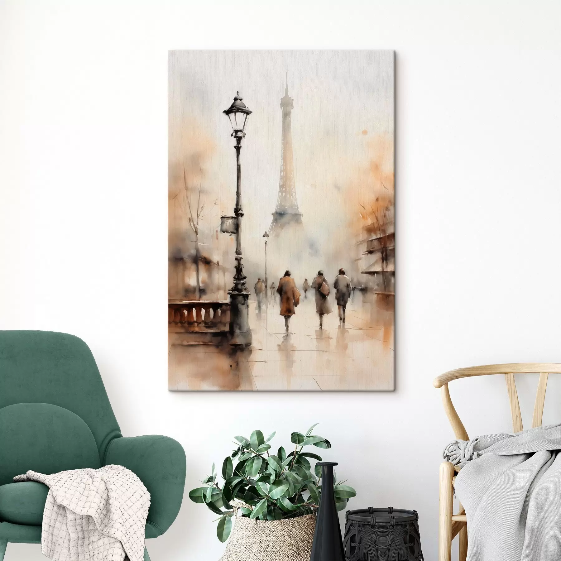 Obraz Deszczowy jesienny dzień w Paryżu z Wieżą Eiffla w tle i zabytkowymi latarniami ulicznymi s45931