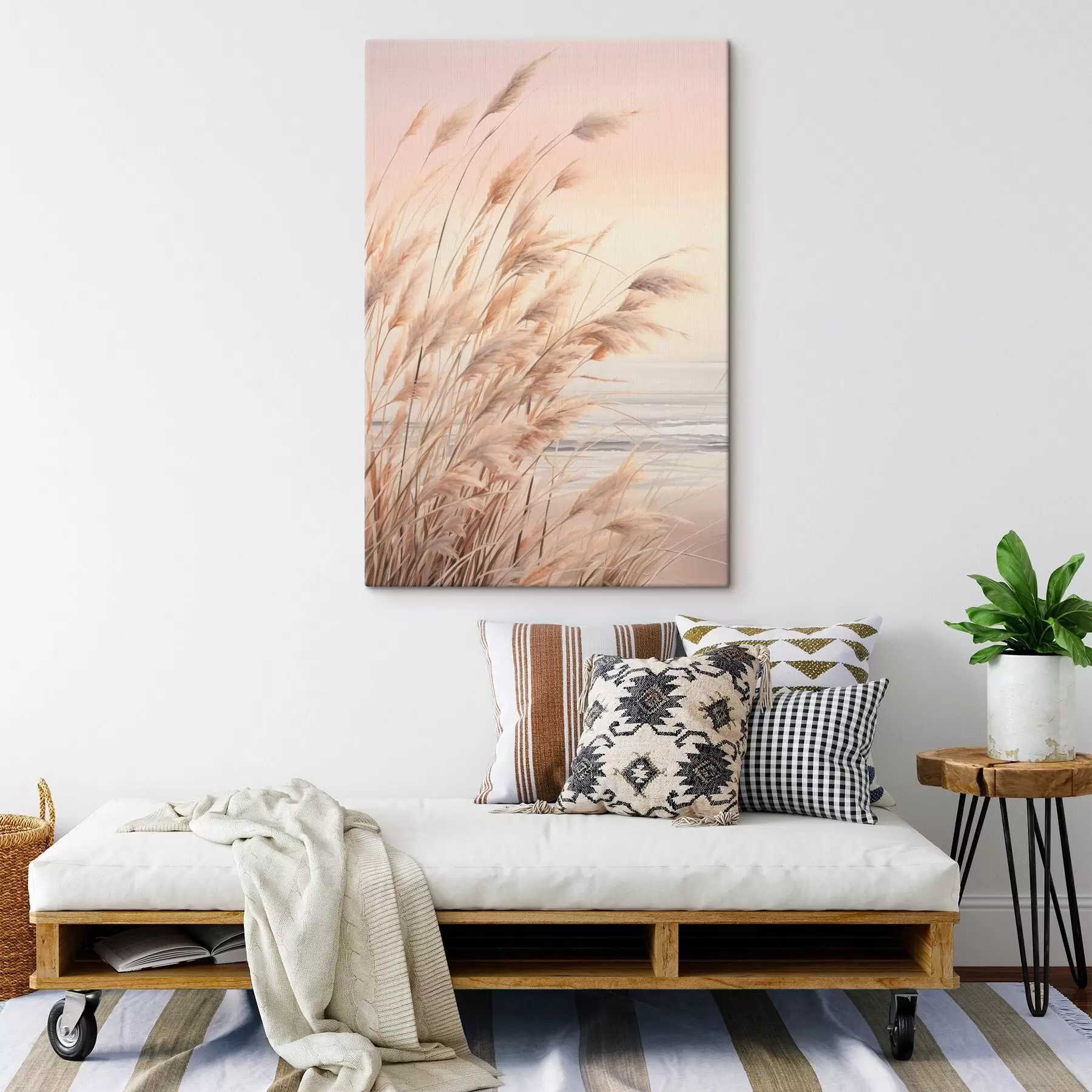 Obraz Trawa pampasowa w pastelowej pomarańczowej kolorystyce, jasnoróżowe niebo, spokojny krajobraz s45934
