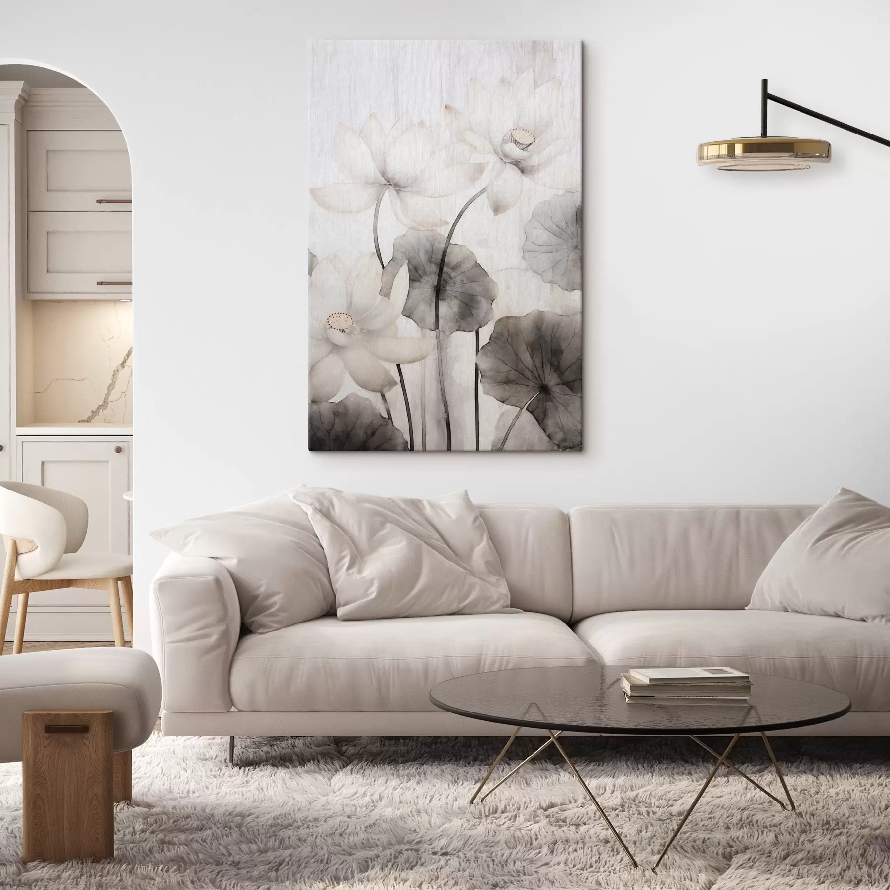 Obraz Białe teksturowane kwiaty lotosu z ciemnymi liśćmi, jasnym tłem i minimalistycznym wzorem s45937