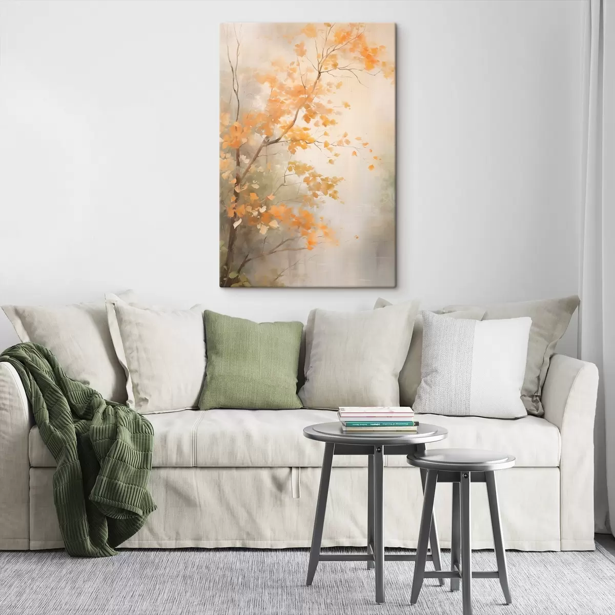 Obraz Jesienne gałęzie drzew z pomarańczowymi liśćmi w lesie w delikatnym świetle s45940