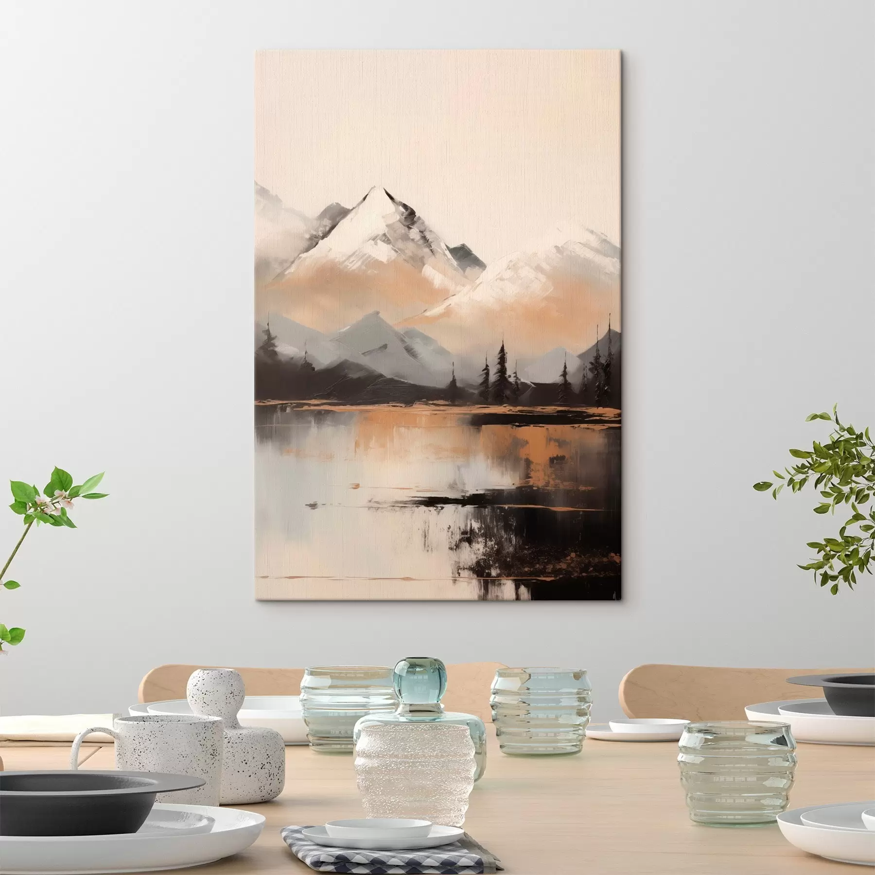 Obraz Ośnieżone góry o fakturze z kilkoma drzewami przed jeziorem s45951