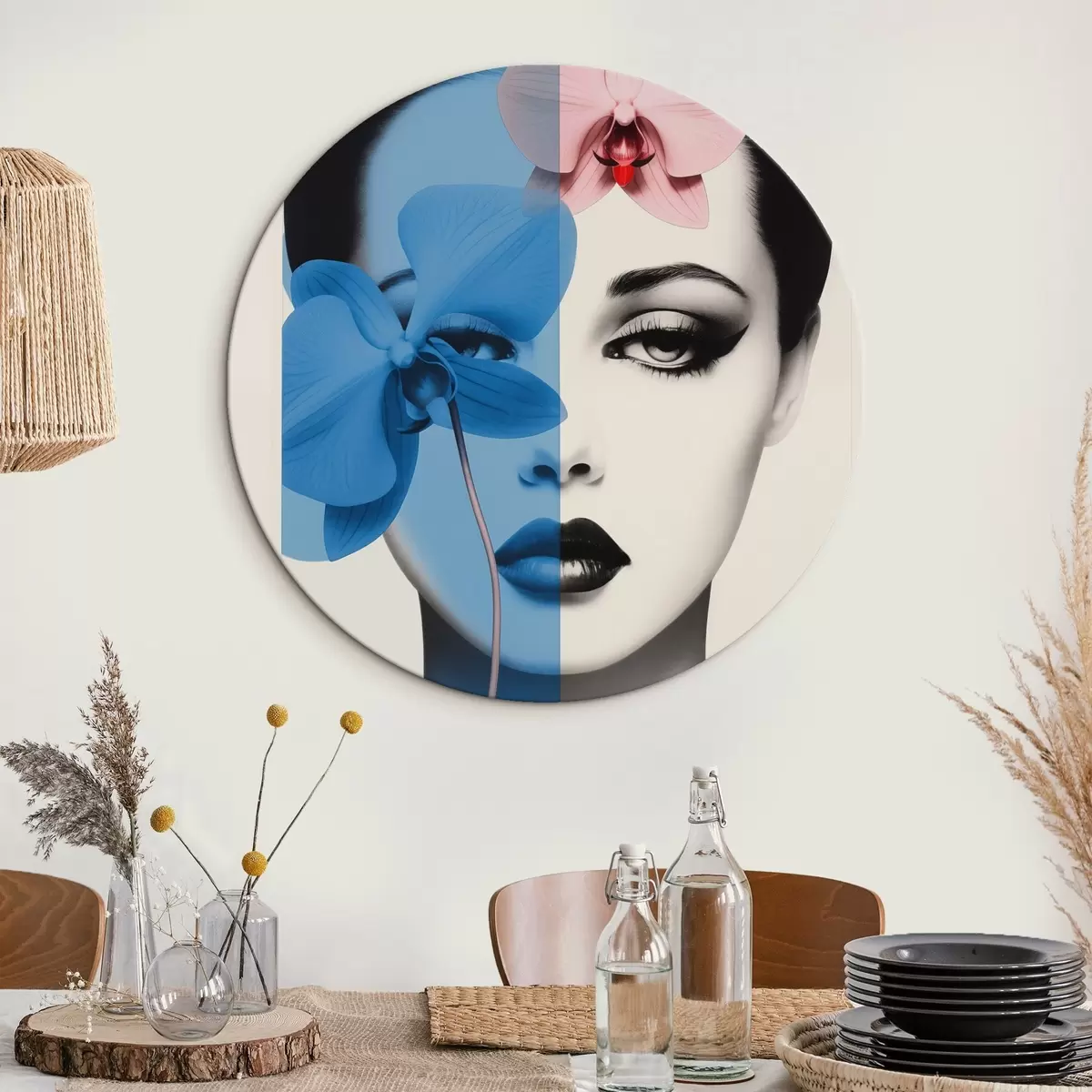 Okrągłe obrazy Abstrakcyjny portret kobiety z orchideami r45924