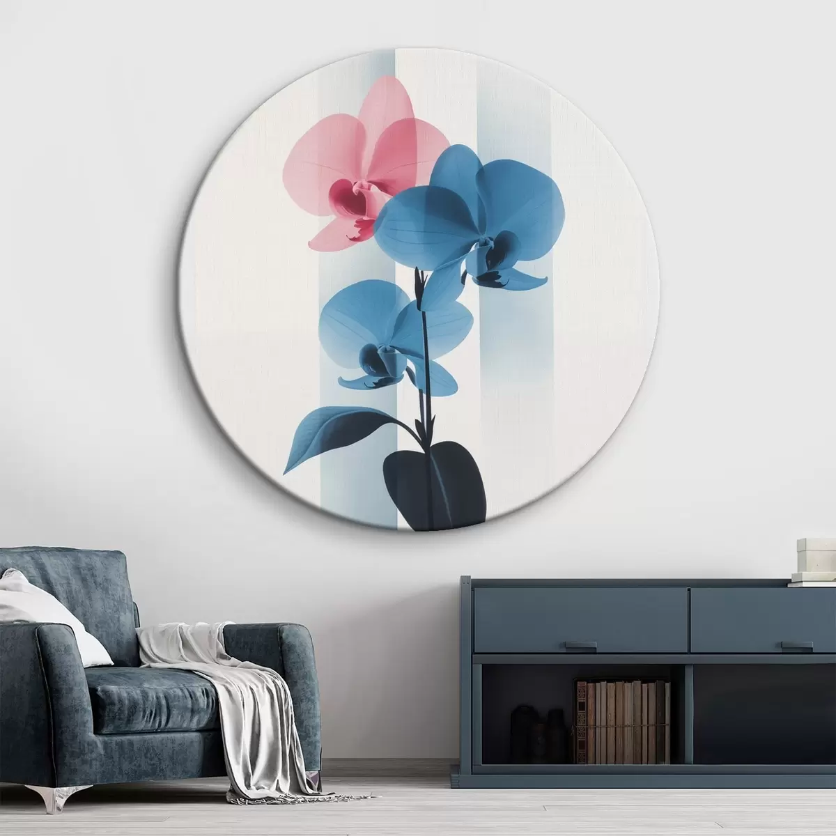 Okrągłe obrazy Orchidee z liśćmi na białym tle z pionowymi paskami r45925
