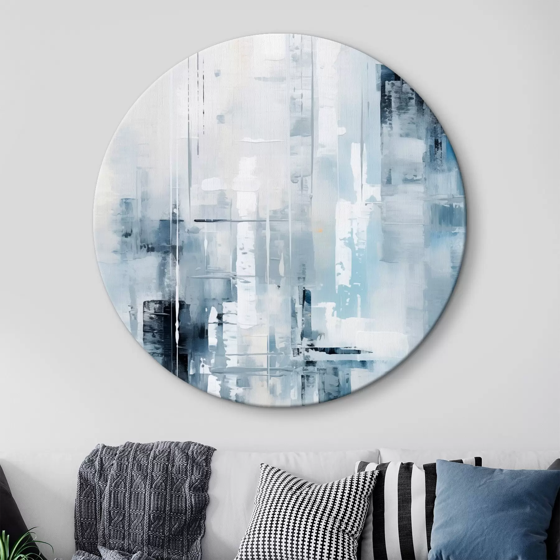 Obraz Imitacja malarstwa abstrakcyjnego w kolorach niebieskim, szarym i białym, z pionowymi liniami i geometrycznymi kształtami r45927