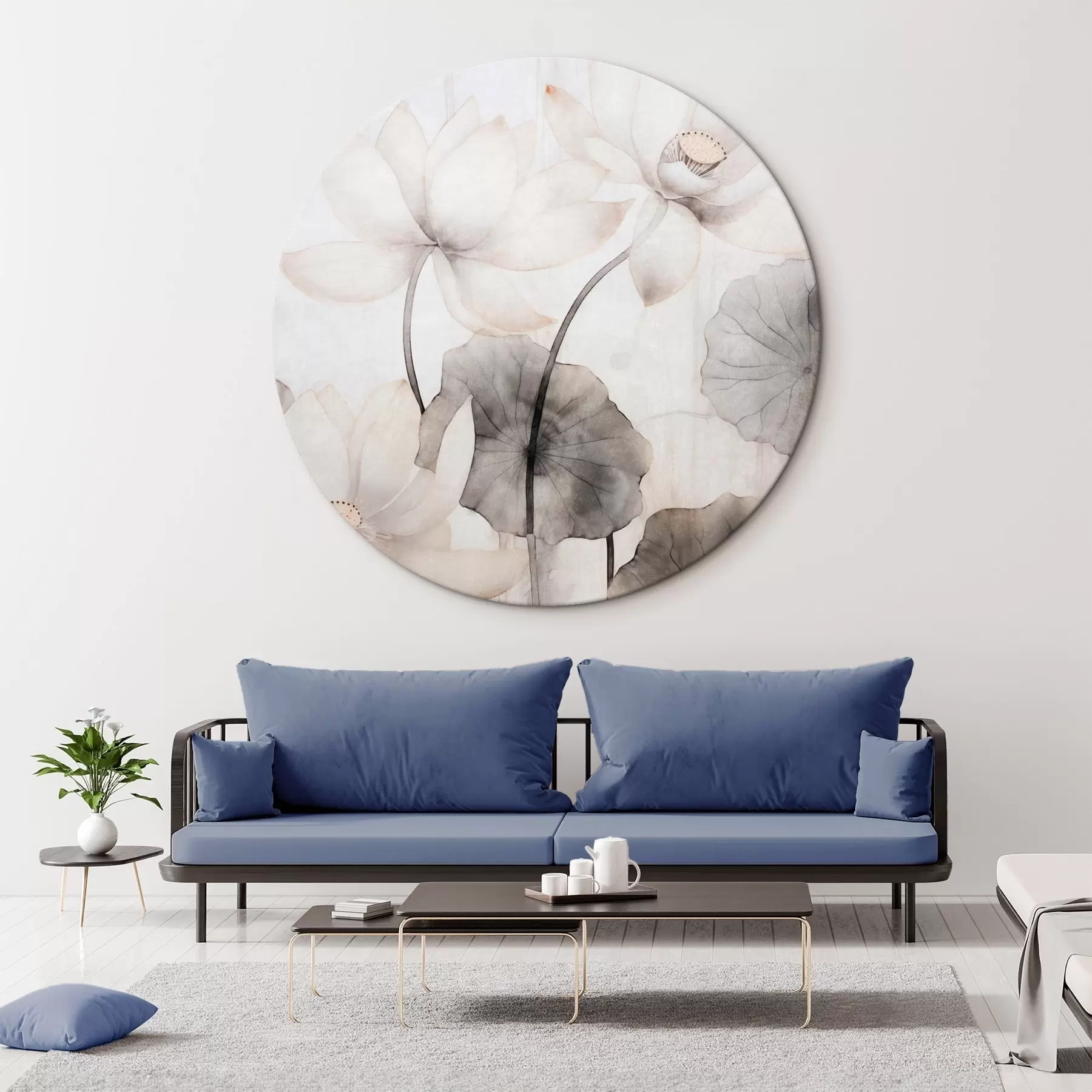 Obraz Białe teksturowane kwiaty lotosu z ciemnymi liśćmi, jasnym tłem i minimalistycznym wzorem r45937