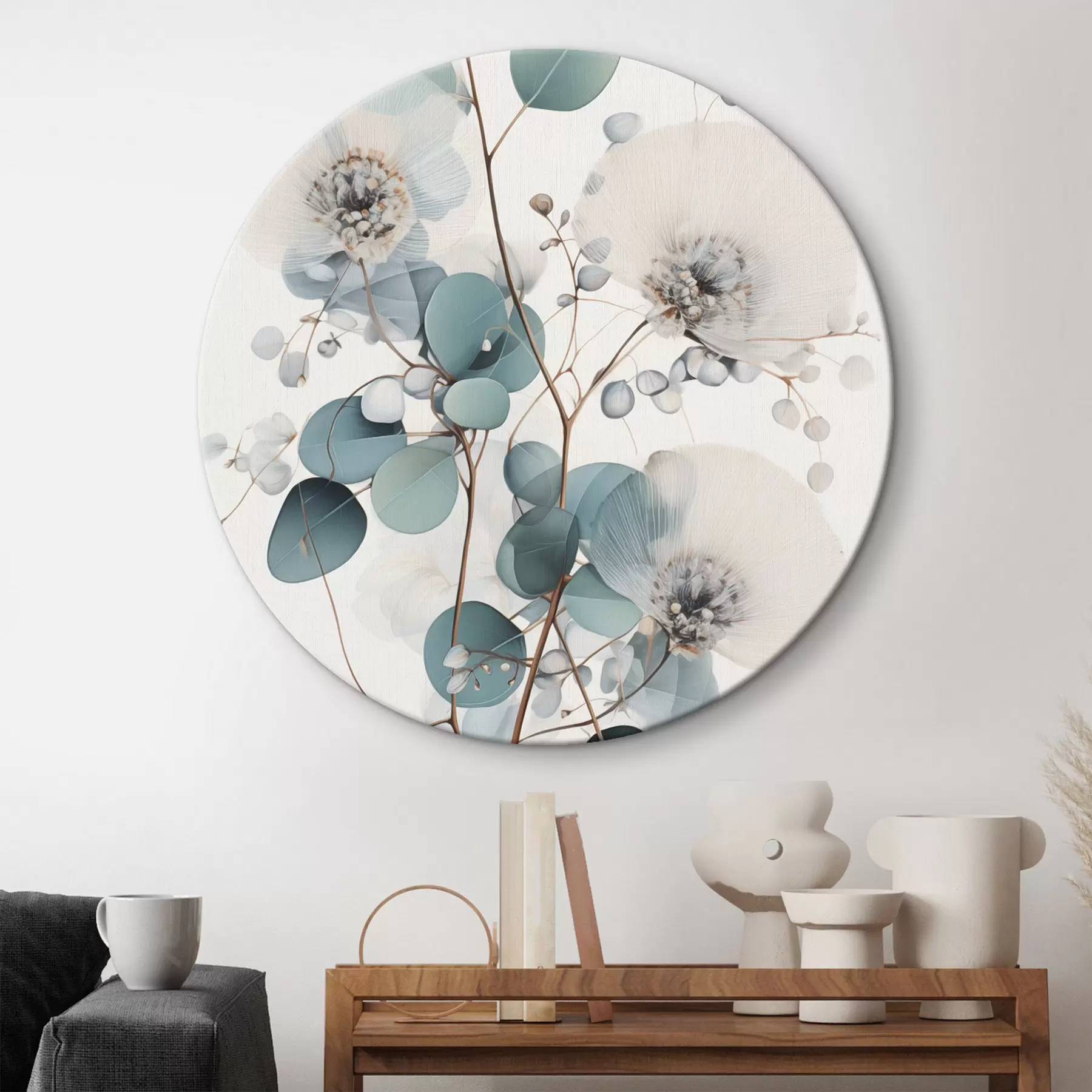 Obraz Abstrakcyjne kwiaty eukaliptusa z białymi płatkami, stonowane zielone liście na gałęziach r45946