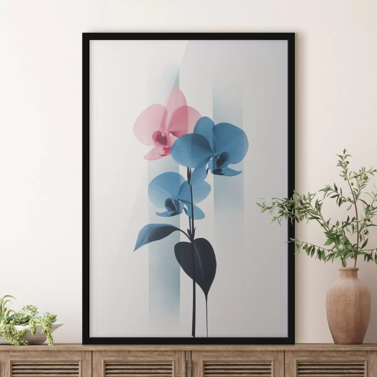 Plakat Orchidee z liśćmi na białym tle z pionowymi paskami f45925
