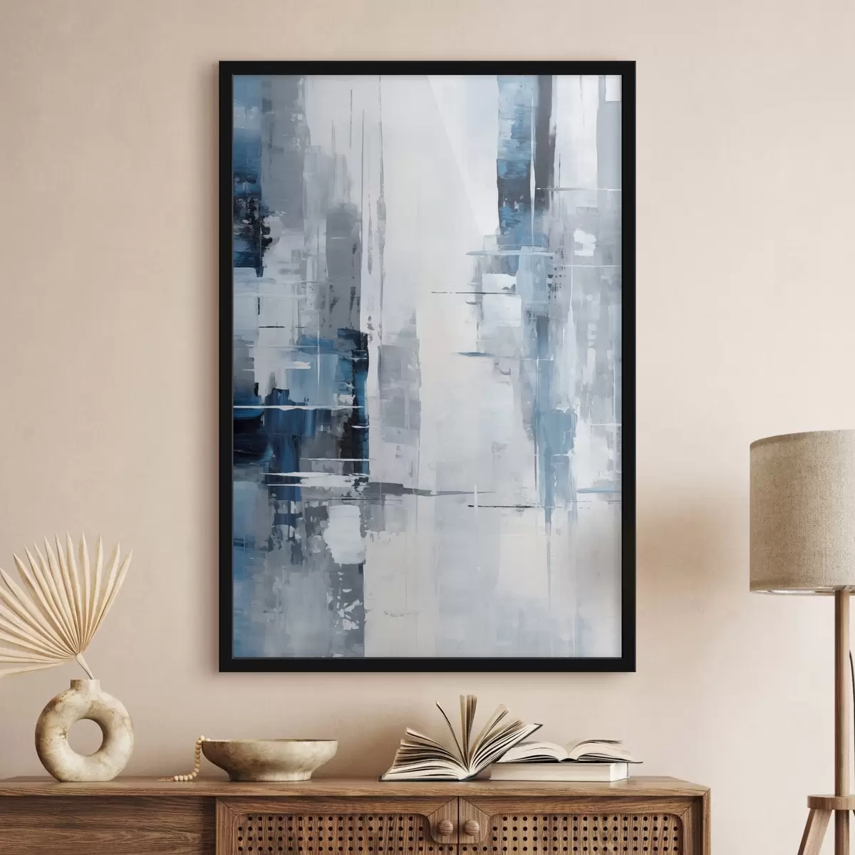 Plakat Imitacja malarstwa abstrakcyjnego w kolorach niebieskim, szarym i białym, z pionowymi liniami i geometrycznymi kształtami f45926