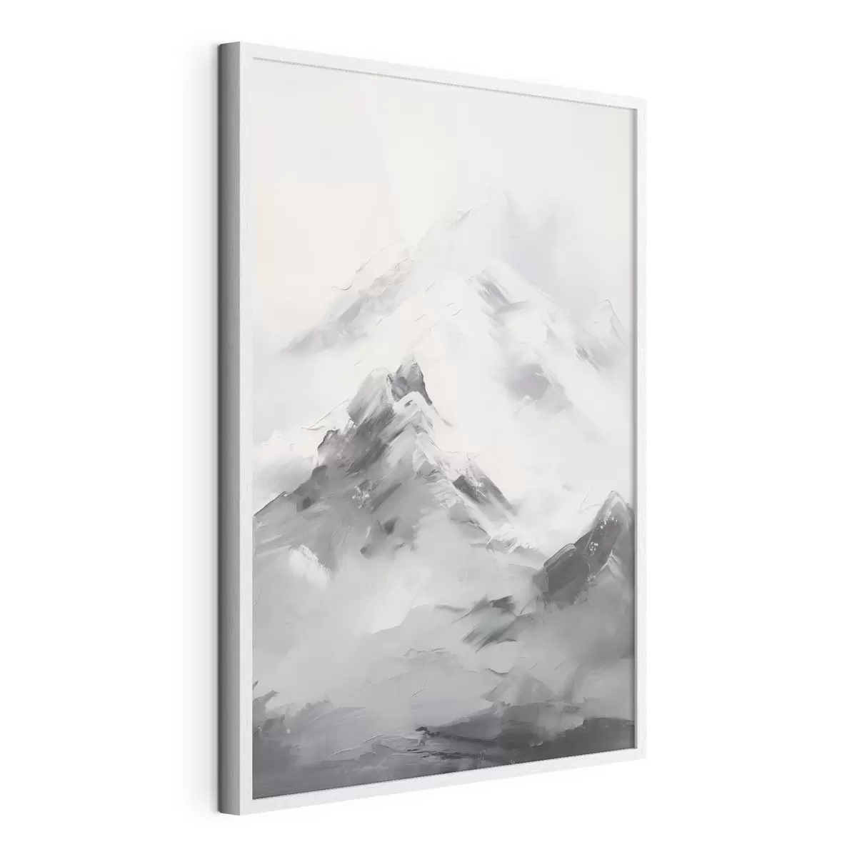 Plakat Ośnieżone szczyty górskie z szarymi cieniami, szare niebo, pociągnięcia pędzla, teksturowane, minimalistyczne f45933