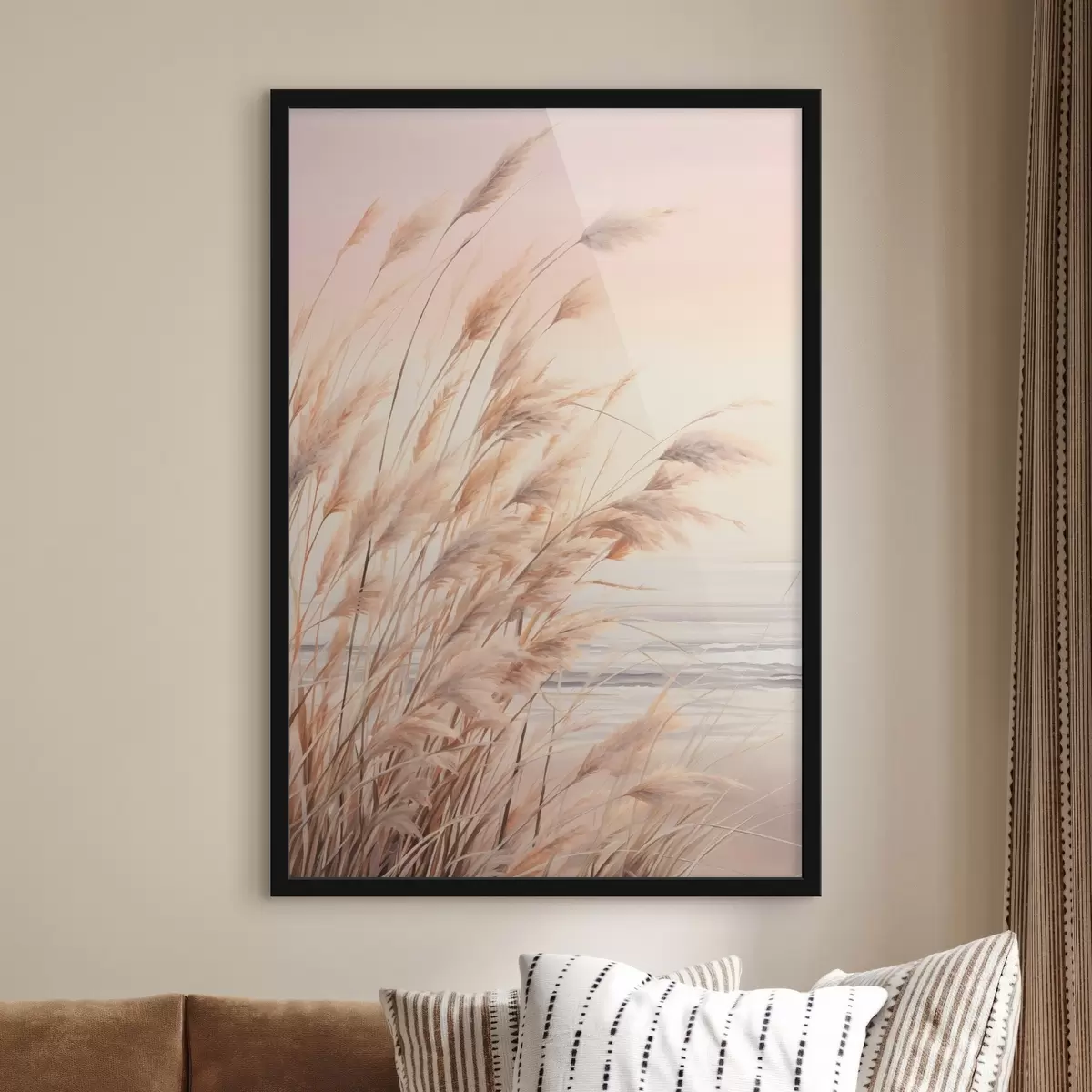 Plakat Trawa pampasowa w pastelowej pomarańczowej kolorystyce, jasnoróżowe niebo, spokojny krajobraz f45934
