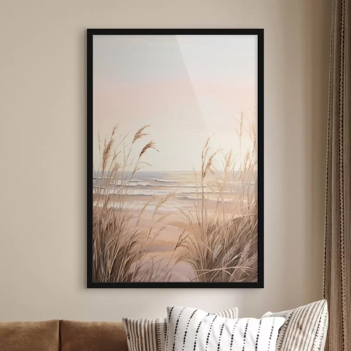 Plakat Trawa pampasowa w pastelowej pomarańczowej kolorystyce, jasnoróżowe niebo, spokojny krajobraz f45935