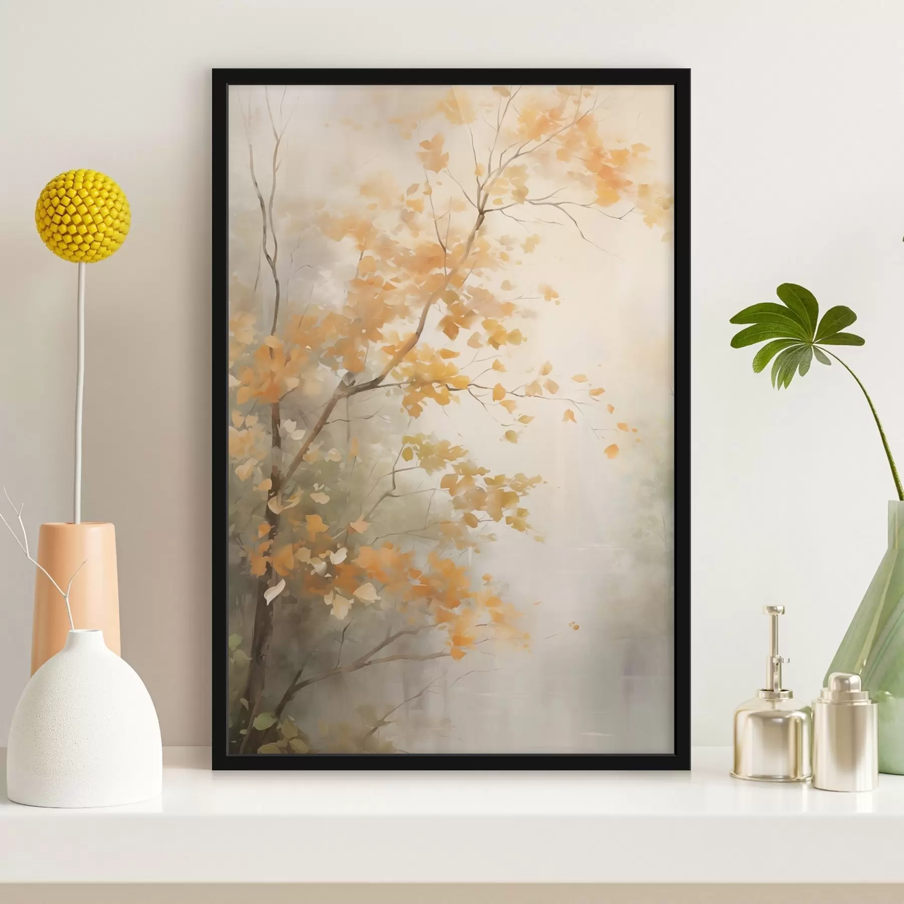 Fototapeta Jesienne gałęzie drzew z pomarańczowymi liśćmi w lesie w delikatnym świetle f45940