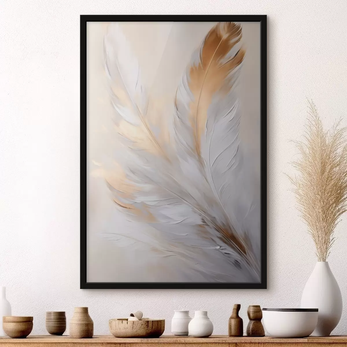 Plakat Pióra z pomarańczowymi akcentami, delikatne oświetlenie, minimalistyczna kompozycja z fakturą, sztuka współczesna f45944