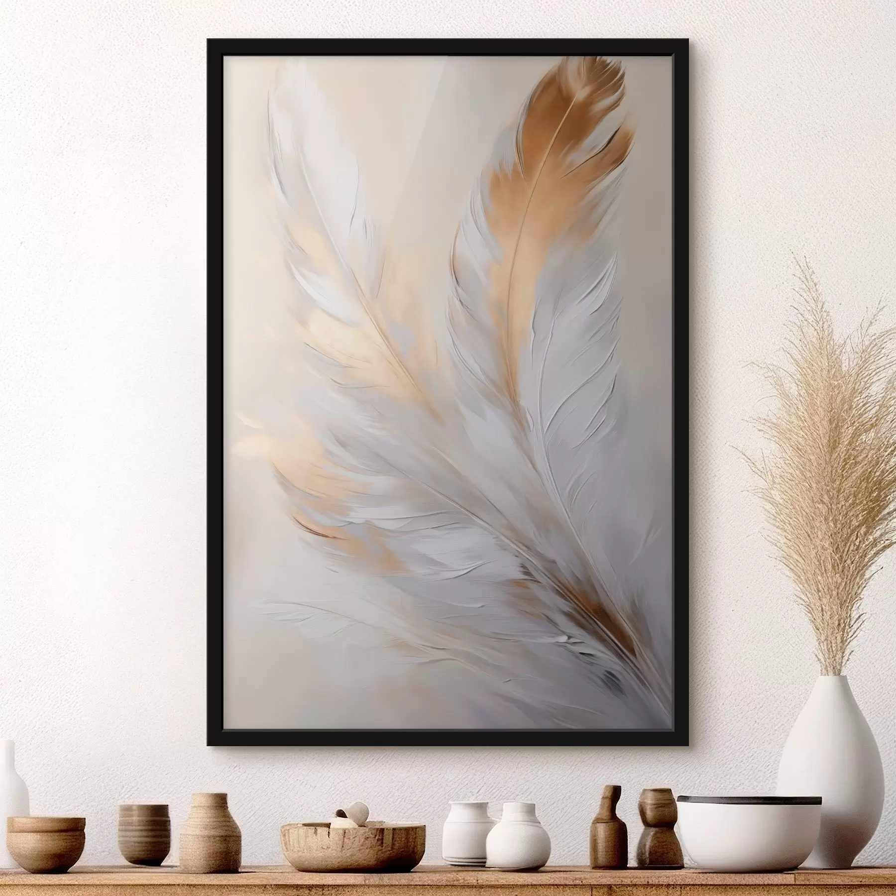 Fototapeta Pióra z pomarańczowymi akcentami, delikatne oświetlenie, minimalistyczna kompozycja z fakturą, sztuka współczesna f45944