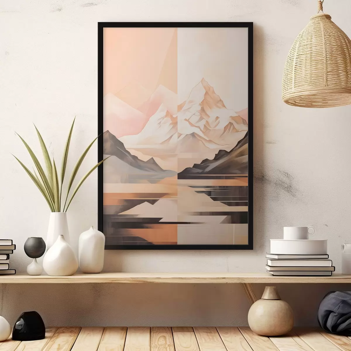 Plakat Abstrakcyjny krajobraz z górami i jeziorem, pastelowe kolory, minimalistyczny styl f45948