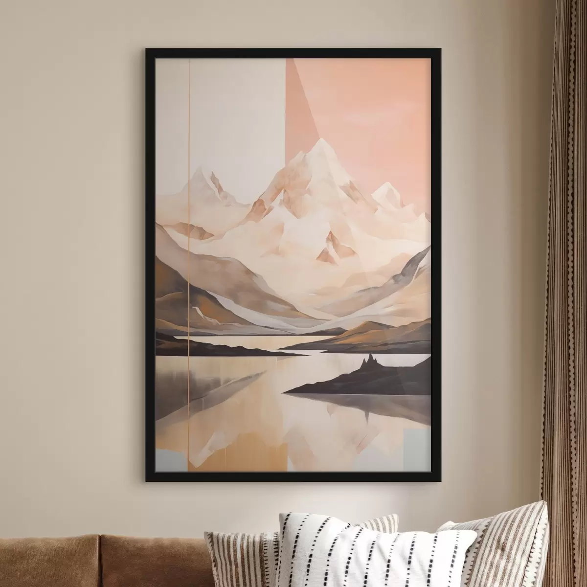 Plakat Abstrakcyjny krajobraz z górami i jeziorem, pastelowe kolory, minimalistyczny styl f45949