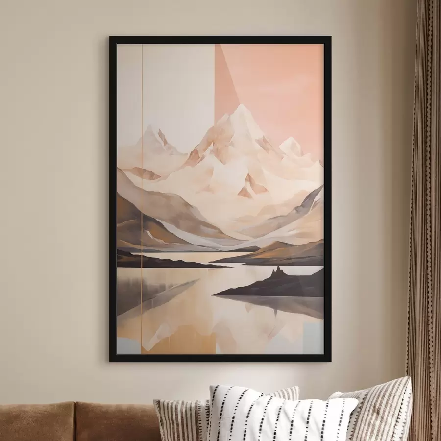 Fototapeta Abstrakcyjny krajobraz z górami i jeziorem, pastelowe kolory, minimalistyczny styl f45949