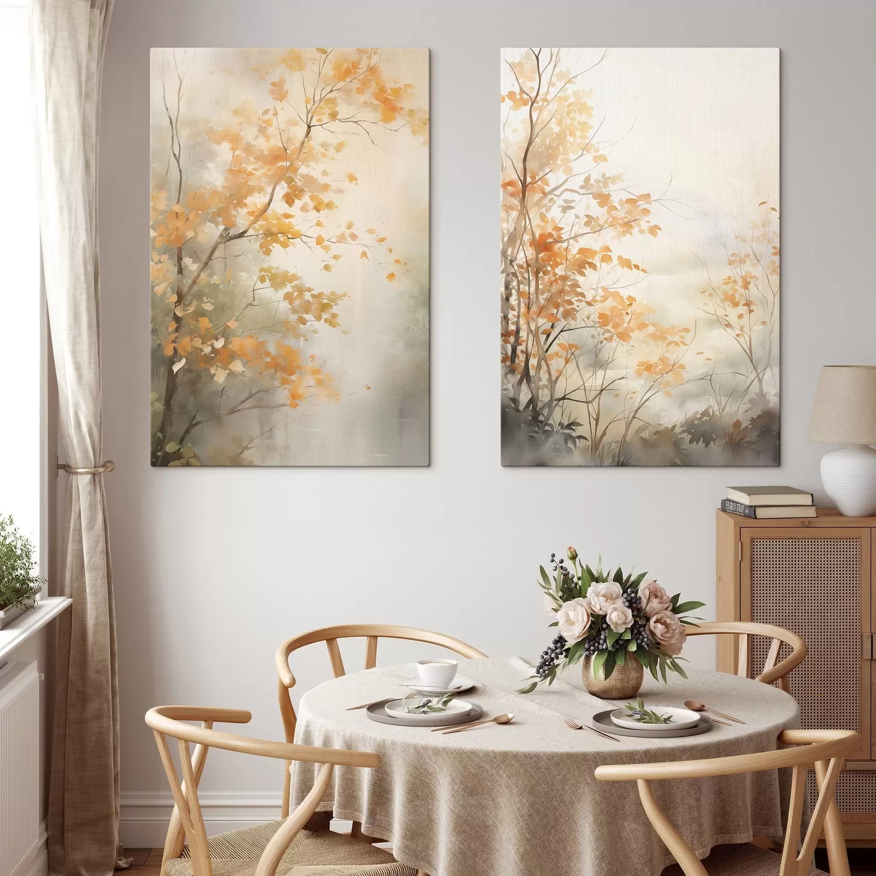 Obraz Jesienne drzewa z pomarańczowymi liśćmi i gałęziami, delikatna akwarela, subtelne pociągnięcia pędzla m00826