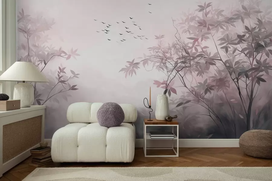 Fototapeta Teksturowany krajobraz z drzewami i stadem ptaków latających po niebie, pastelowe kolory, scena natury w09418v1