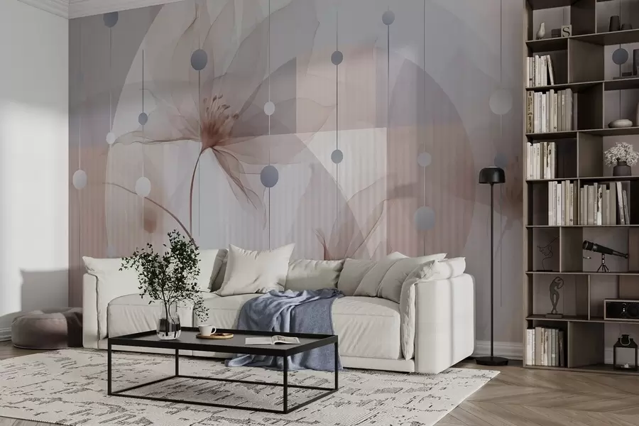 Fototapeta Abstrakcyjne, półprzezroczyste kwiaty, koła i geometryczne kształty, pastelowa paleta kolorów: niebieski, brązowy i biały w09419v1