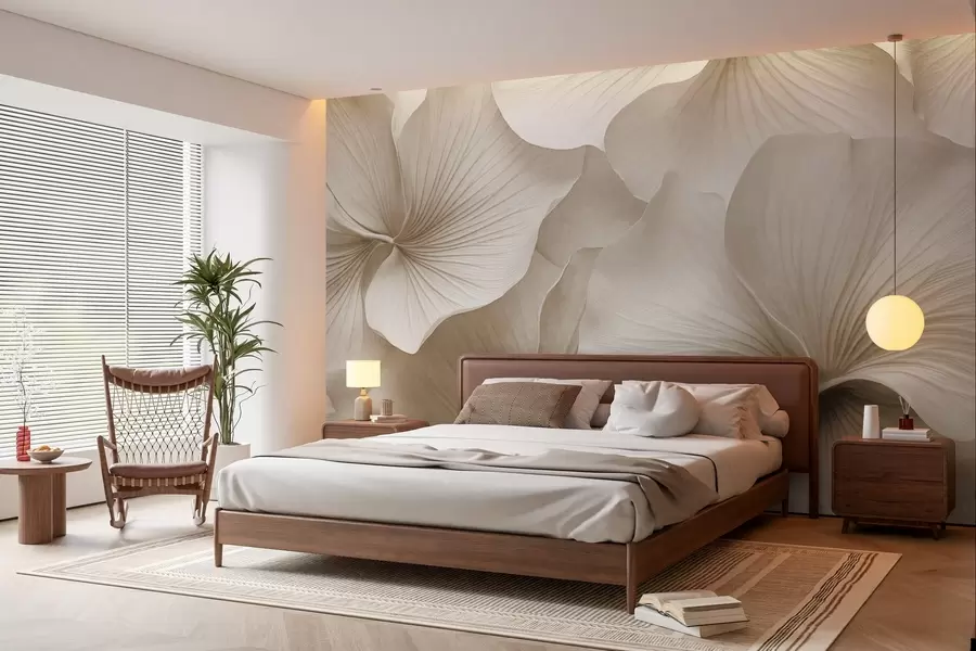 Fototapeta Białe i beżowe liście miłorzębu, miękka faktura, abstrakcyjne kwiatowe tło, minimalistyczny nowoczesny styl w09421v1