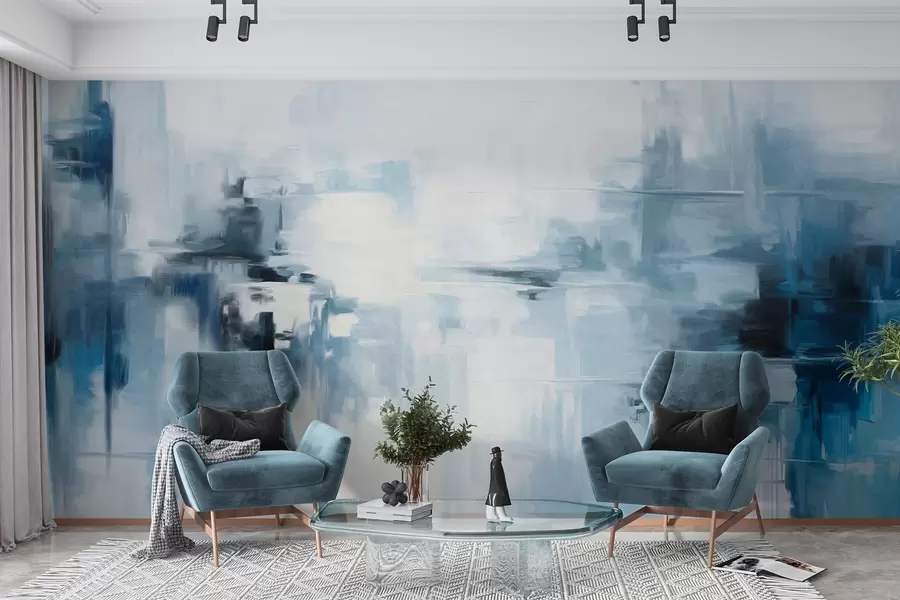 Fototapeta Abstrakcyjna imitacja pejzażu o fakturze z niebieskimi i białymi pociągnięciami pędzla, styl nowoczesny w09422