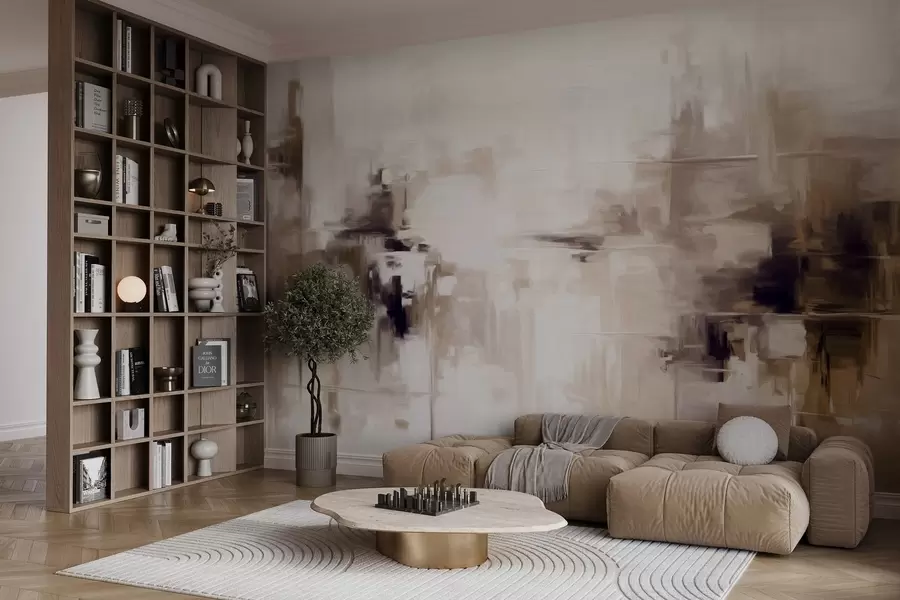 Fototapeta Abstrakcyjna imitacja pejzażu o fakturze z brązowymi i białymi pociągnięciami pędzla, styl nowoczesny w09422v1