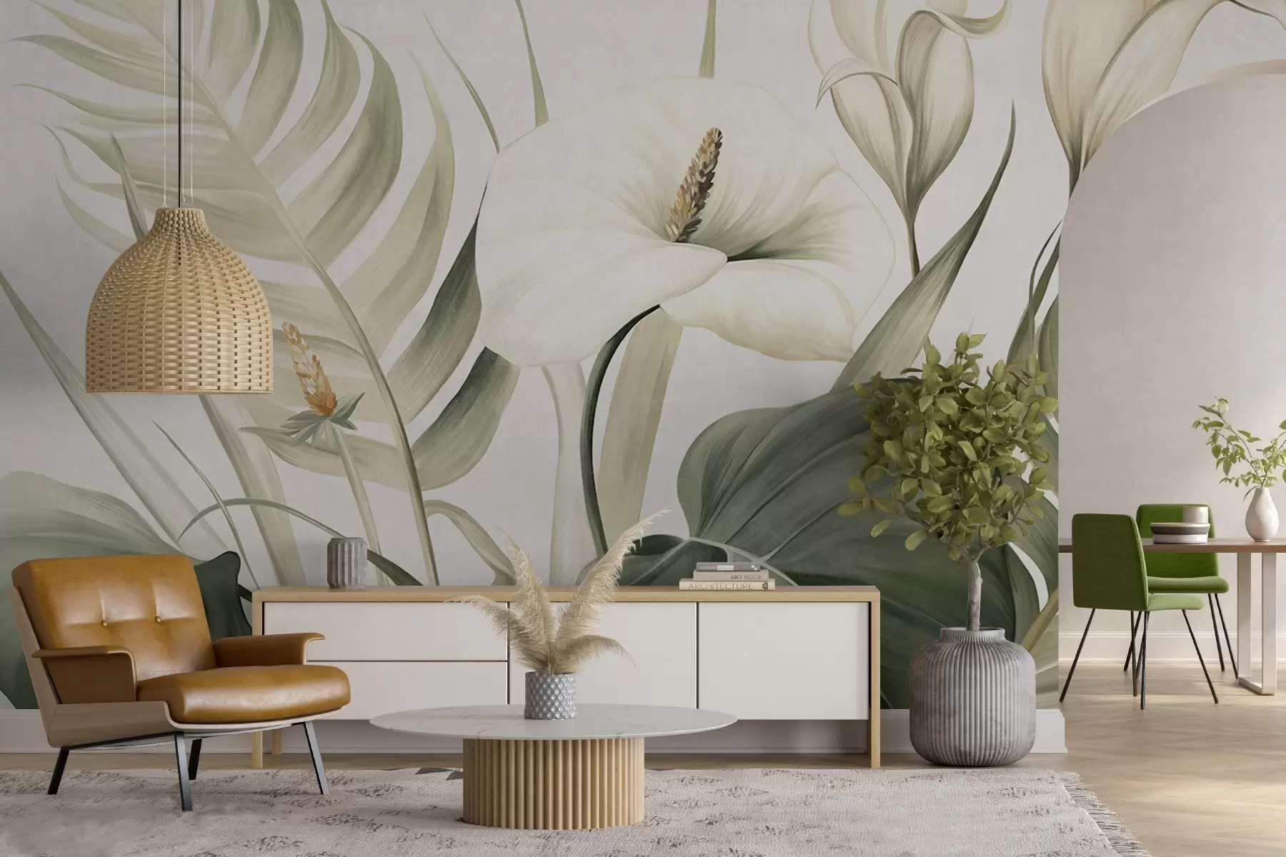 Fototapeta Białe lilie calla i zielone tropikalne liście, ilustracja botaniczna, jasne tło, styl vintage, teksturowane w09423