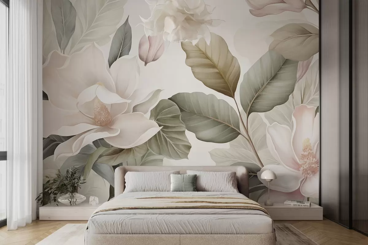 Fototapeta Kwiaty magnolii z liśćmi w pastelowych kolorach, białym, różowym i zielonym, miękkie, delikatne, w stylu akwareli w09427