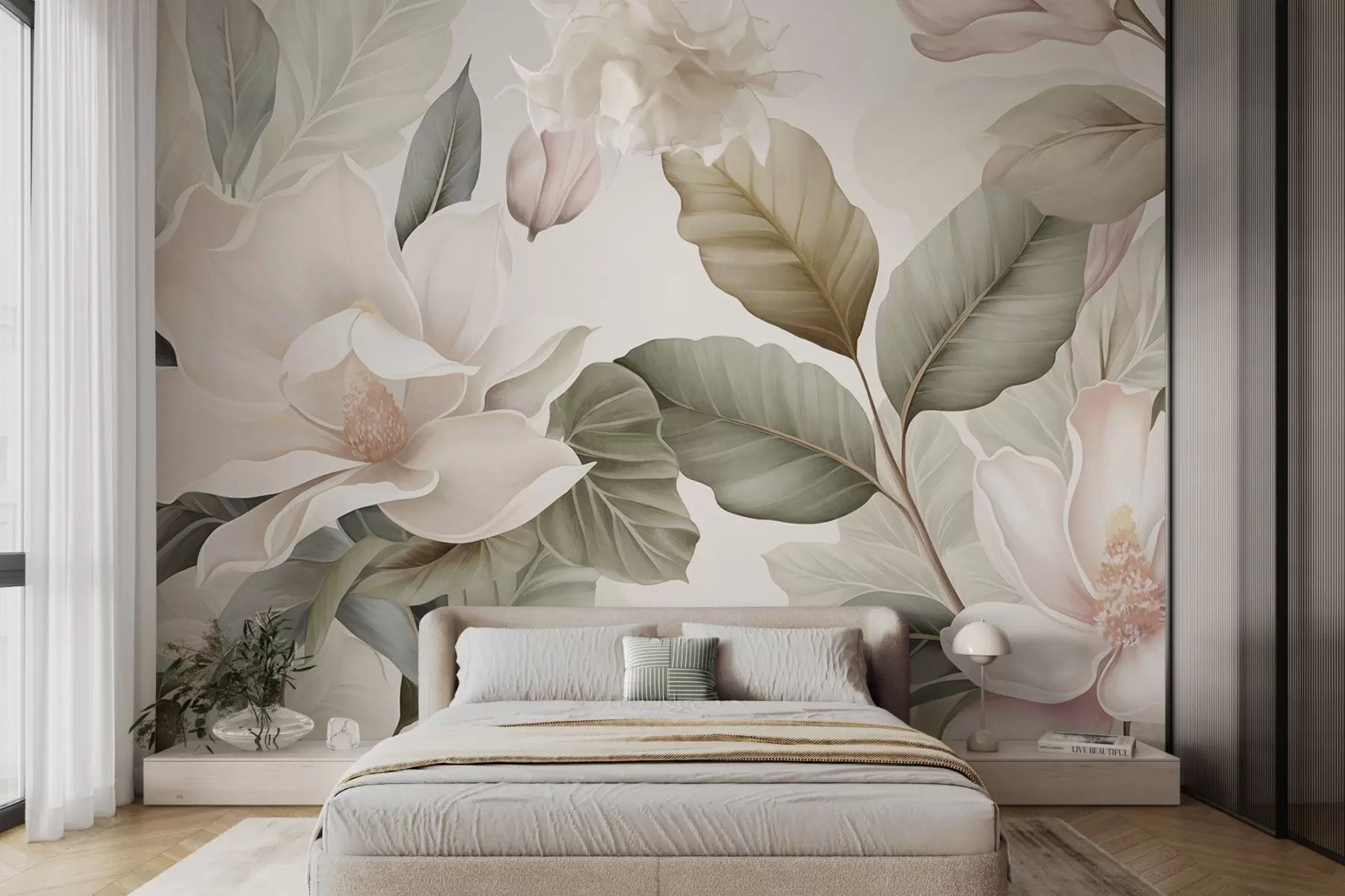 Fototapeta Kwiaty magnolii z liśćmi w pastelowych kolorach, białym, różowym i zielonym, miękkie, delikatne, w stylu akwareli w09427