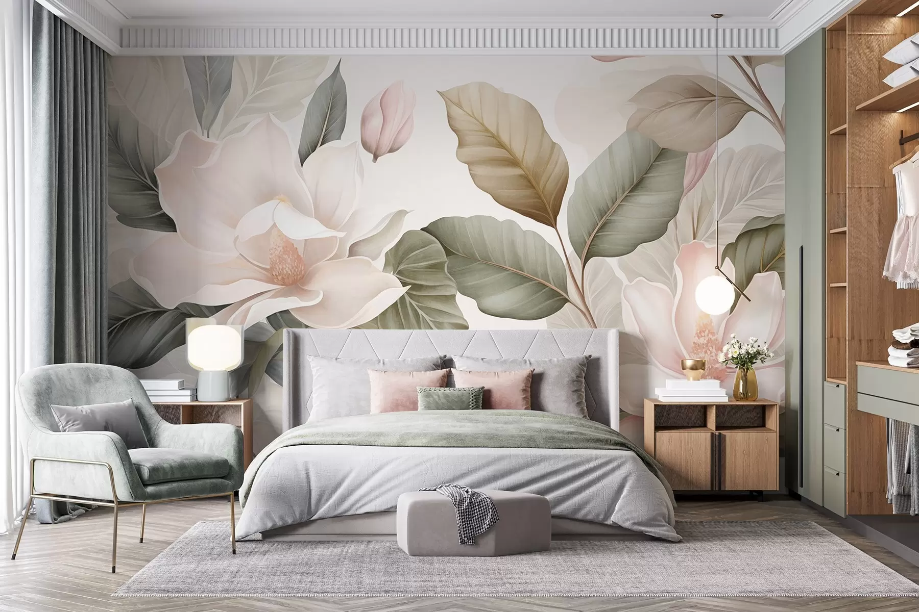 Fototapeta Kwiaty magnolii z liśćmi w pastelowych kolorach, białym, różowym i zielonym, miękkie, delikatne, w stylu akwareli w09427