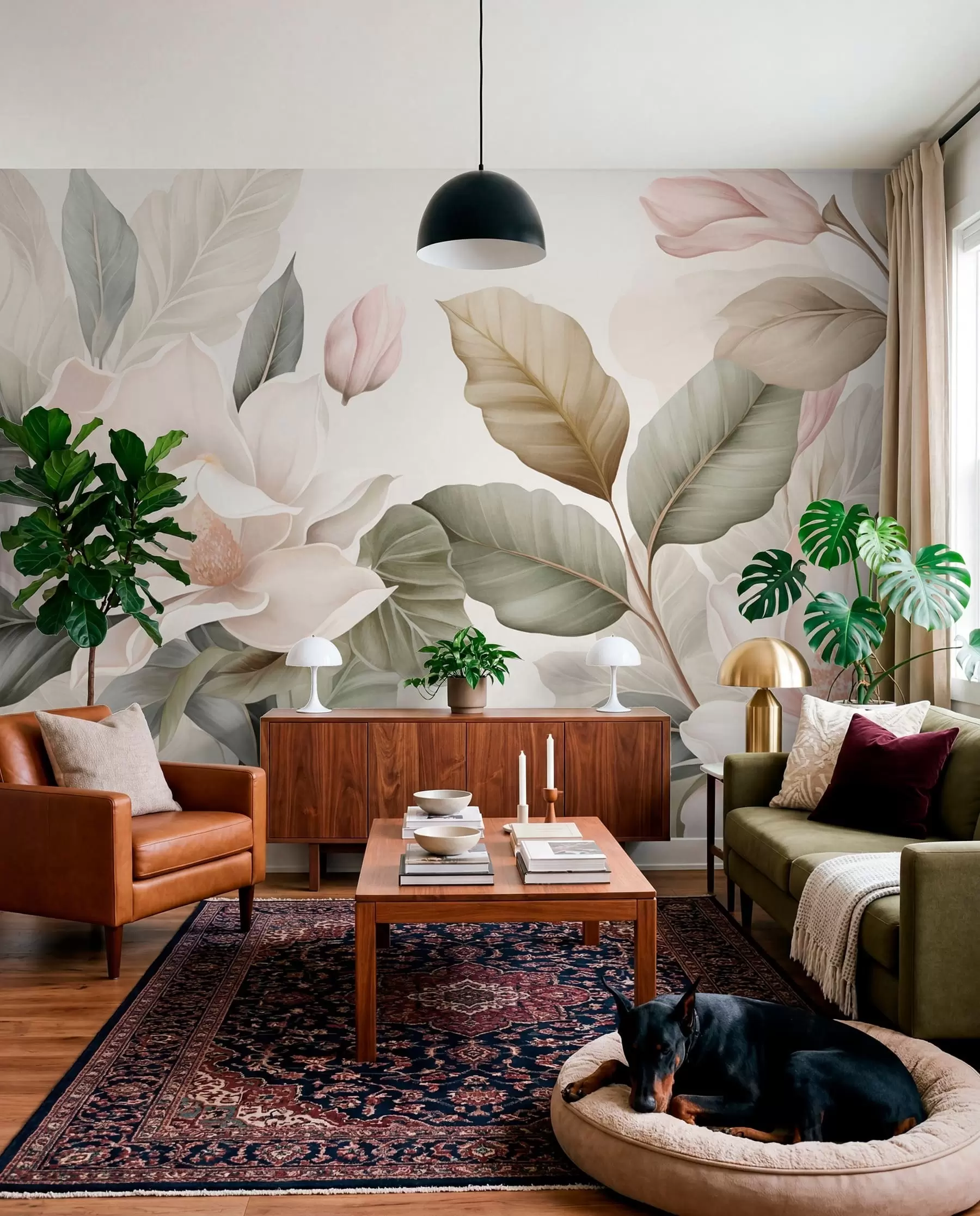 Fototapeta Kwiaty magnolii z liśćmi w pastelowych kolorach, białym, różowym i zielonym, miękkie, delikatne, w stylu akwareli w09427