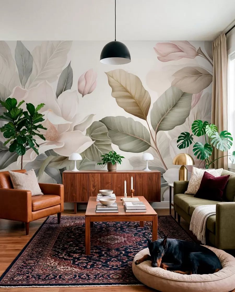 Fototapeta Kwiaty magnolii z liśćmi w pastelowych kolorach, białym, różowym i zielonym, miękkie, delikatne, w stylu akwareli w09427