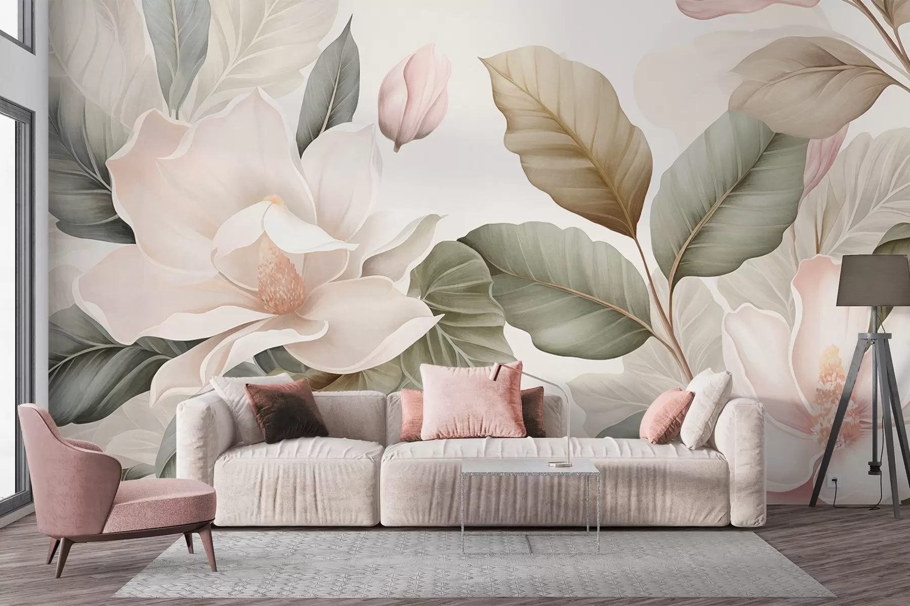 Fototapeta Kwiaty magnolii z liśćmi w pastelowych kolorach, białym, różowym i zielonym, miękkie, delikatne, w stylu akwareli w09427