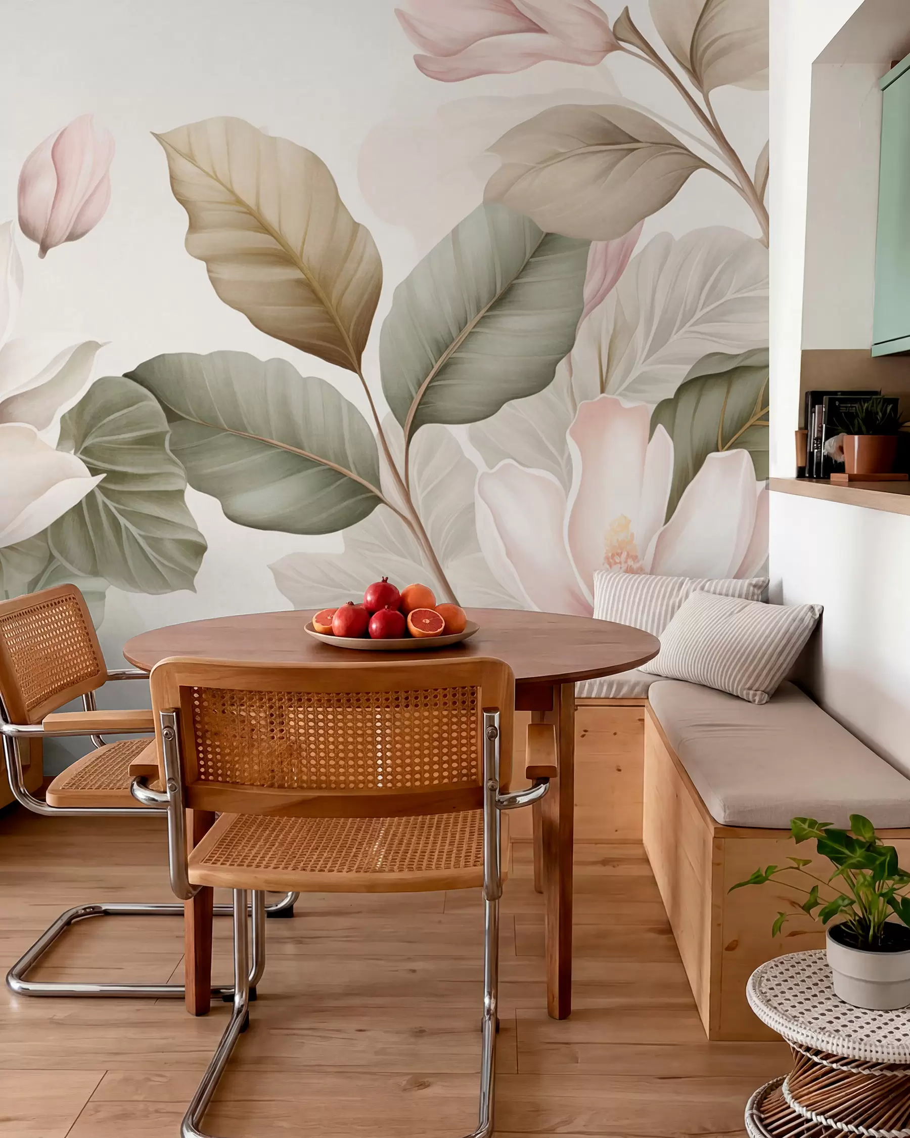 Fototapeta Kwiaty magnolii z liśćmi w pastelowych kolorach, białym, różowym i zielonym, miękkie, delikatne, w stylu akwareli w09427