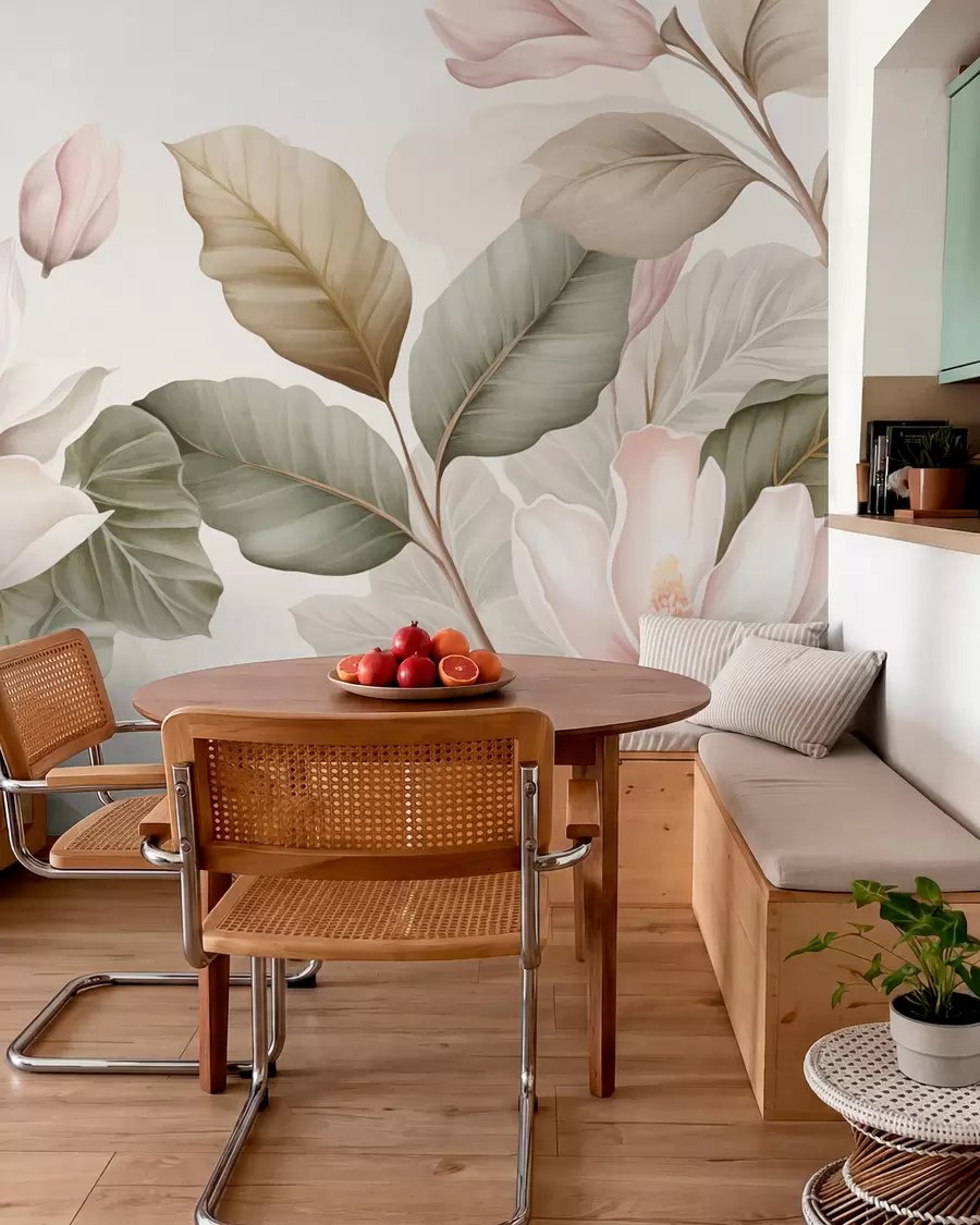 Fototapeta Kwiaty magnolii z liśćmi w pastelowych kolorach, białym, różowym i zielonym, miękkie, delikatne, w stylu akwareli w09427
