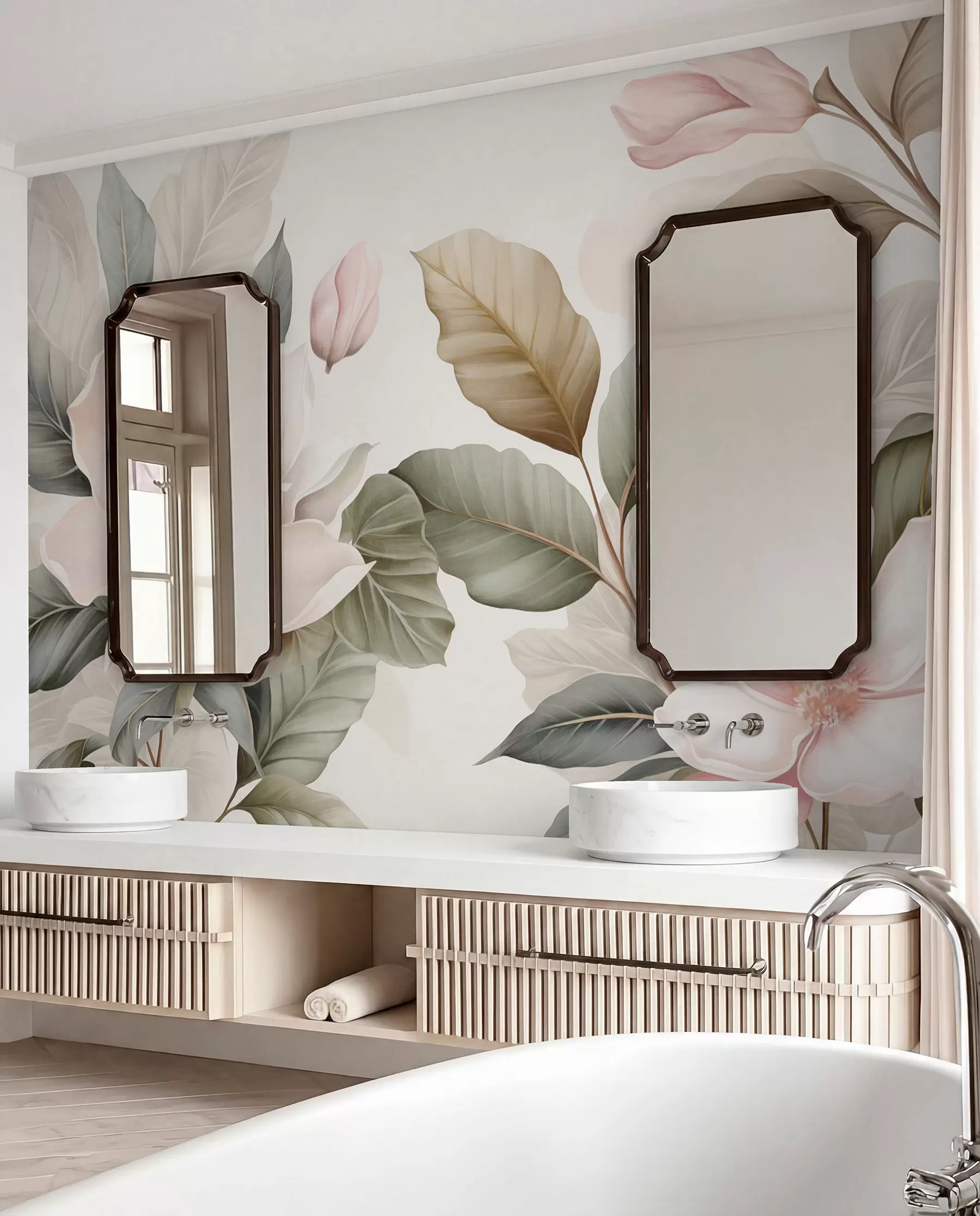 Fototapeta Kwiaty magnolii z liśćmi w pastelowych kolorach, białym, różowym i zielonym, miękkie, delikatne, w stylu akwareli w09427