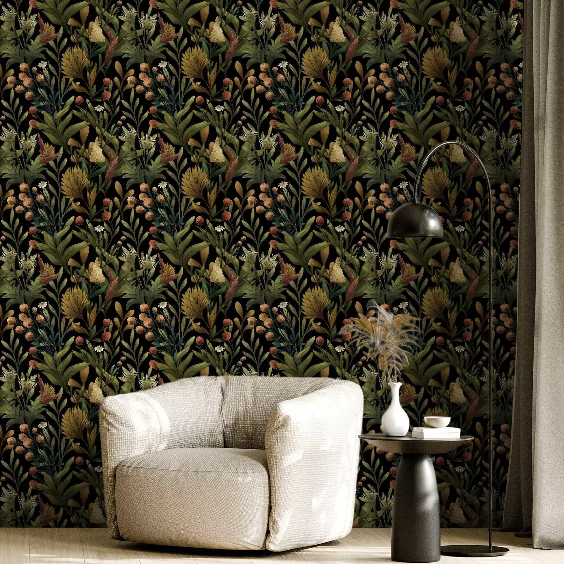 Fototapeta Ogród botaniczny na czarnym tle, ciepła jesienna paleta barw a00619