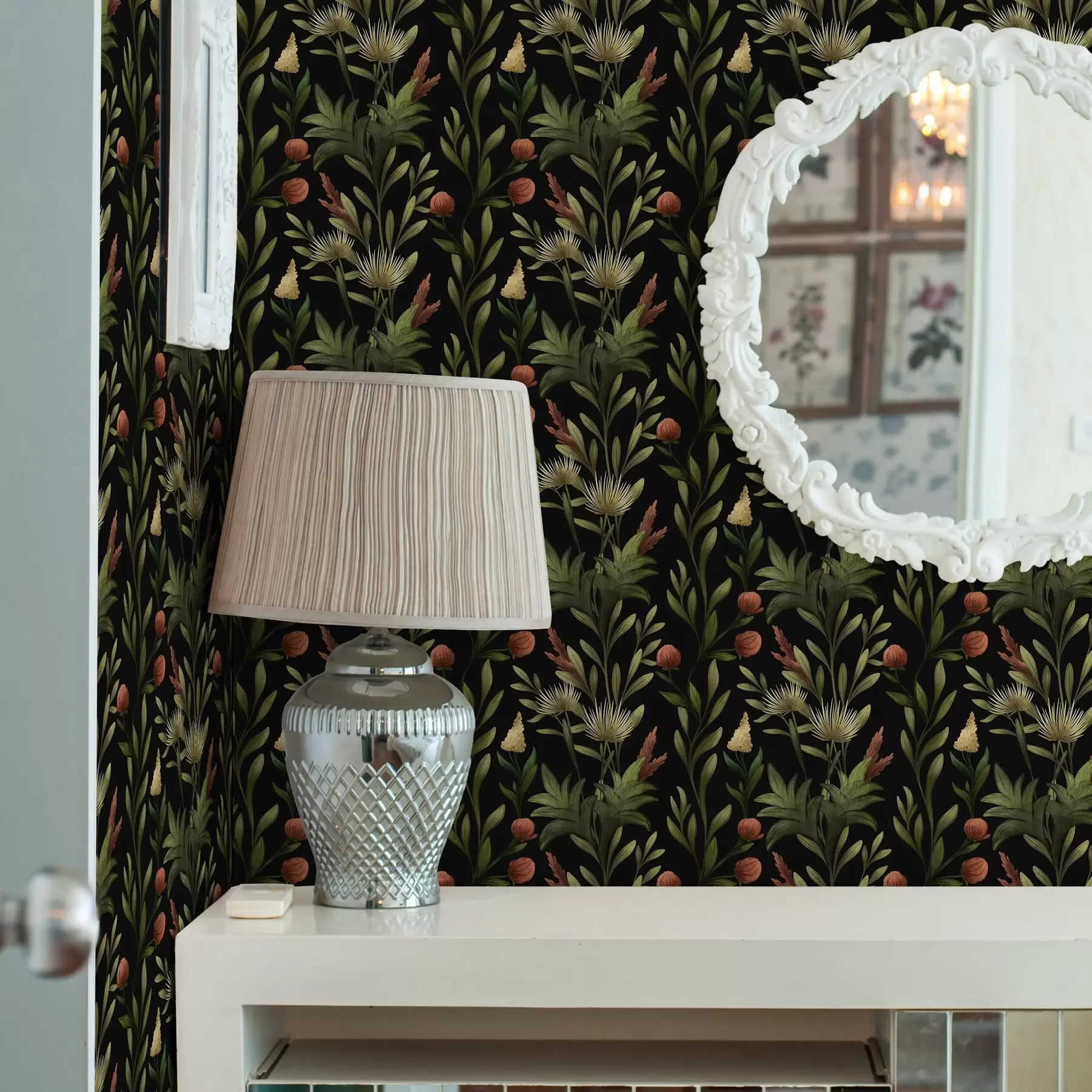 Fototapeta Wysokie trawy i kwiaty na czarnym, szczegółowym nadruku a00620