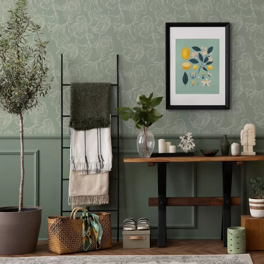 Fototapeta Liniowe duże kwiaty, kredowe pociągnięcia na szałwiowym tle a00625v1