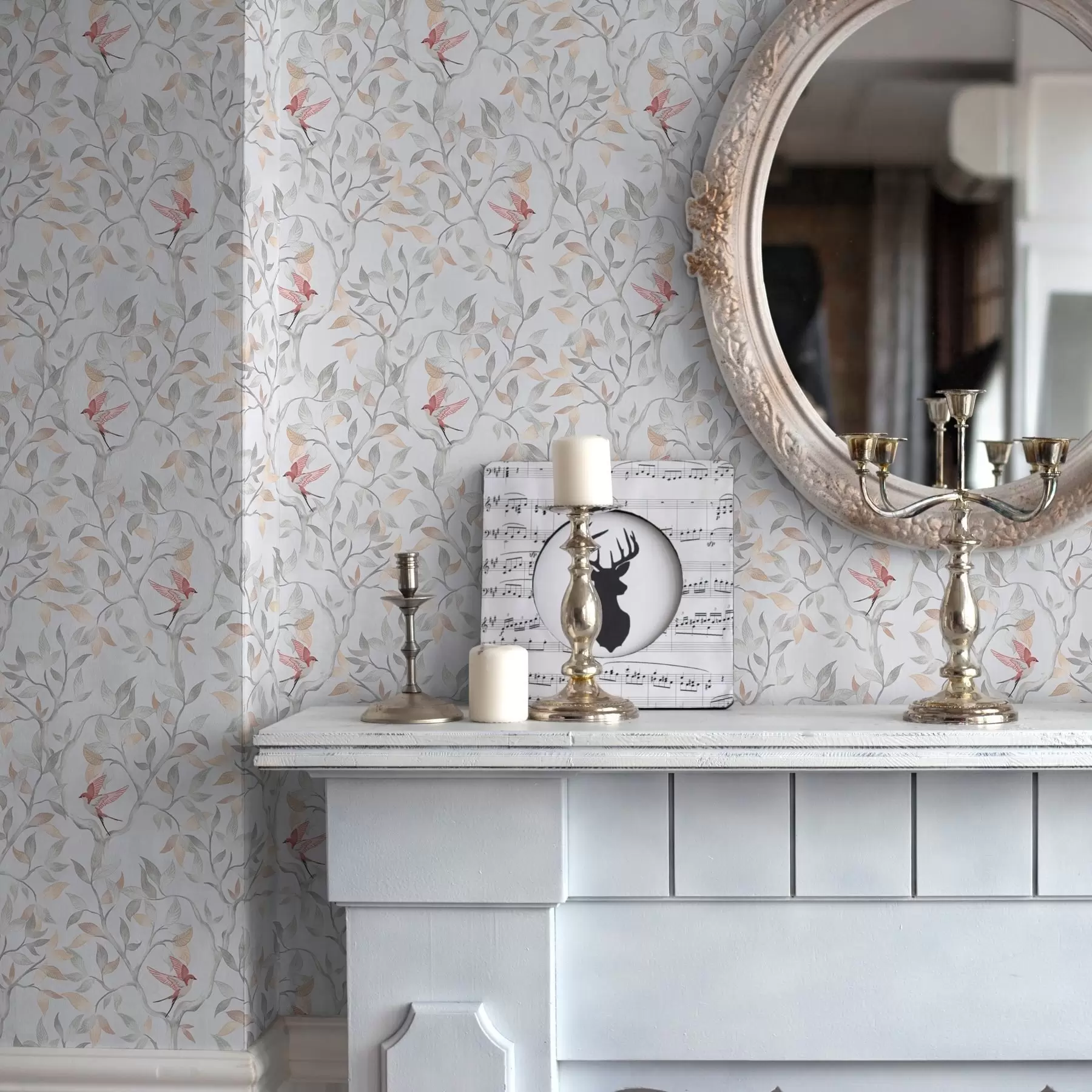 Fototapeta Jasne gałęzie z liśćmi i ptakami w brzoskwiniowych odcieniach a00716